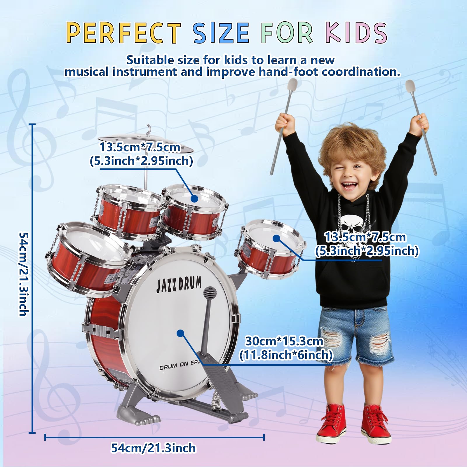 m zimoon Kit Batteria Jazz Per Bambini, 5 Tamburi Con Sgabello Pedale E Bacchette Per Principianti Strumento Musicale Percussione Giocattolo Vacanze Compleanno Regalo Educativo Per Ragazzi E Ragazze