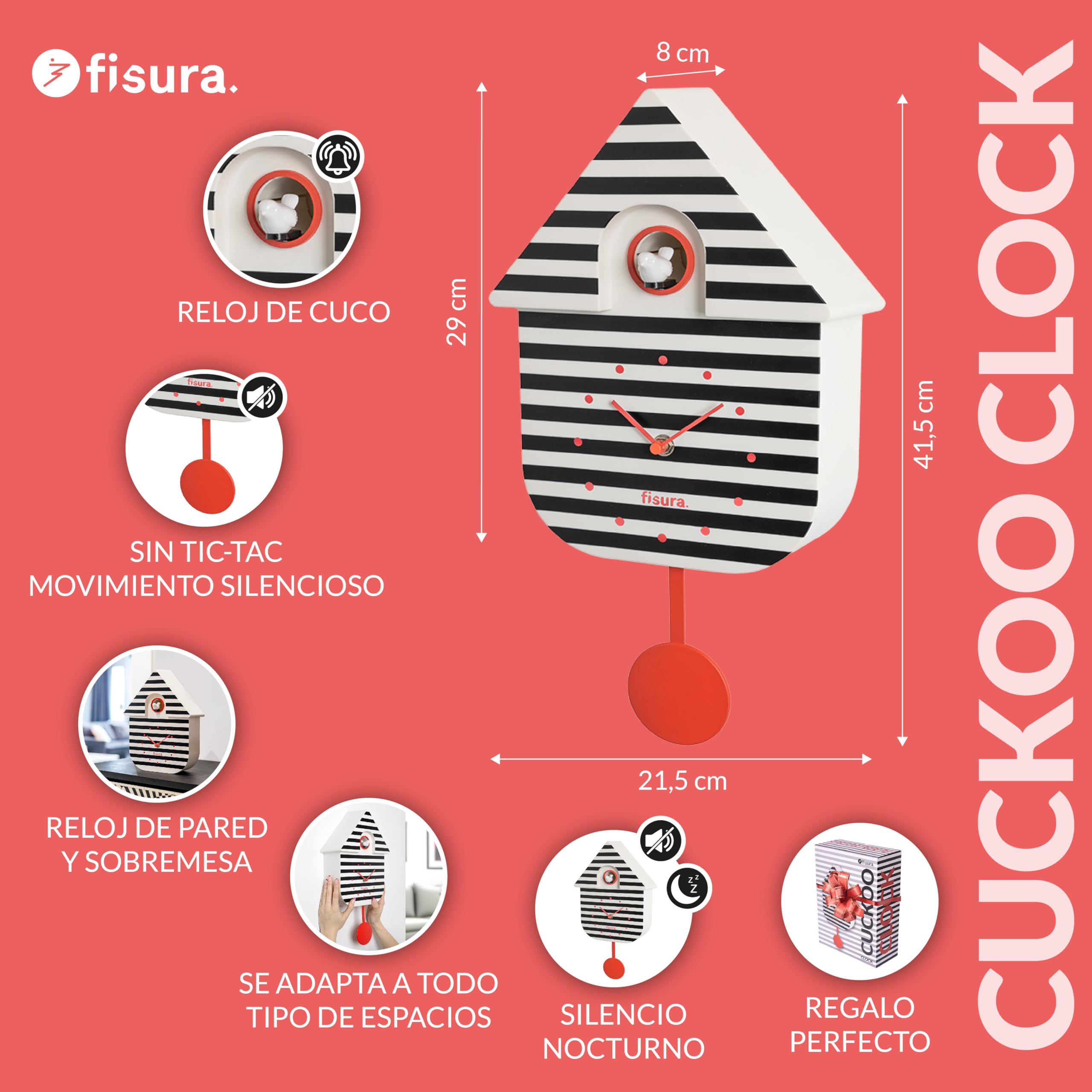 Fisura - Reloj de Cuco de Rayas Blanco y Negro. Reloj de Pared Original. | Reloj moderno de pared. Decoración para regalo. 3 Pilas AA no incluidas. 21,5 x 8 x 41,5 cm. Plástico ABS