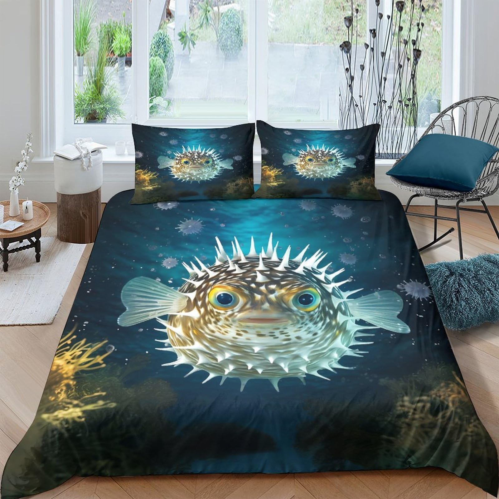 Ctjqhvkz Style-4 3D Printed Puffer Fish Fitted Sheet Microfiber Soft Breathable Ocean Underwater Mattress Cover Bedroom Decor Single（135X200cm）
