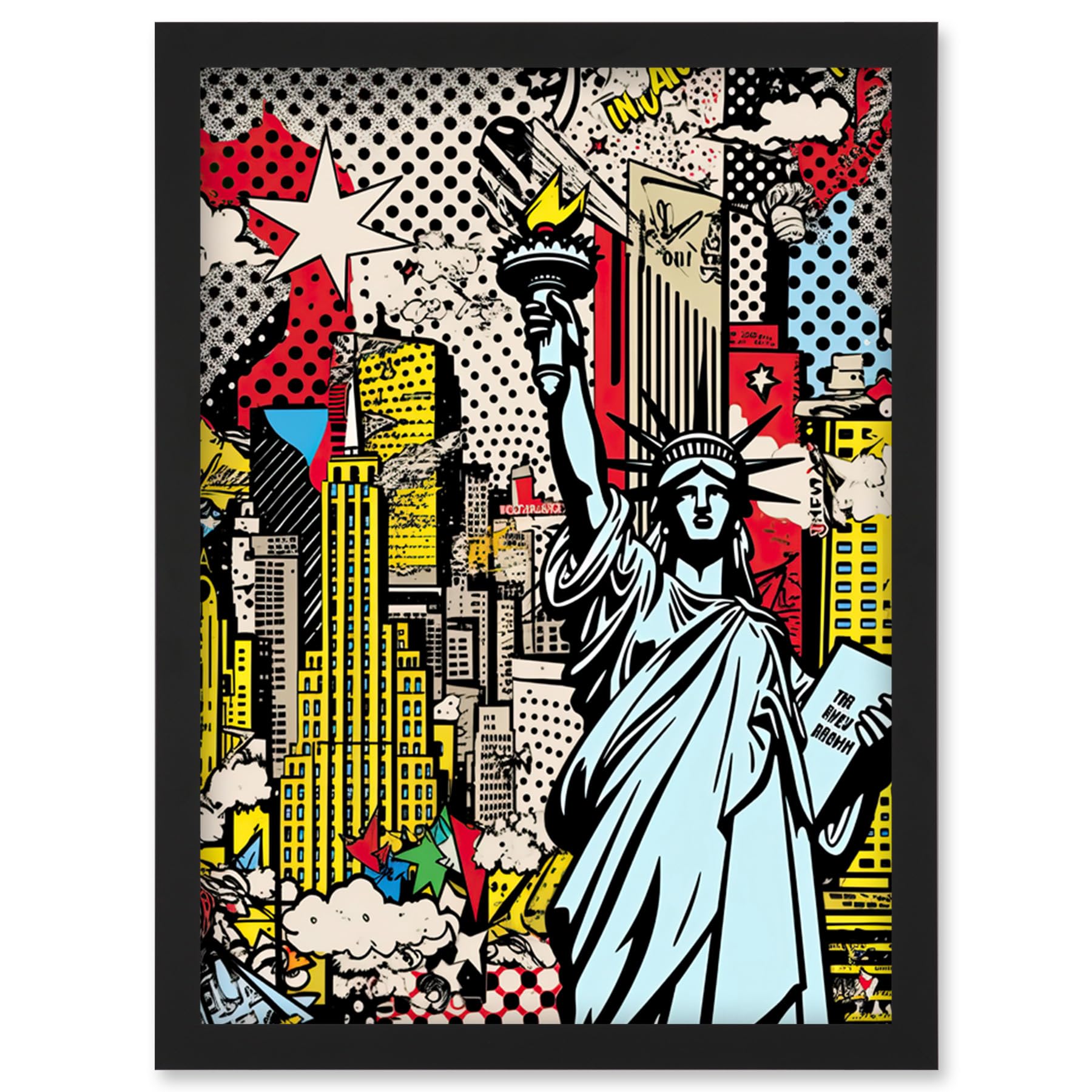 Artery8 New York City Skyline Statue of Liberty Pop Art Comic Book Style American Dream Artwork Framed Wall Art Print A4