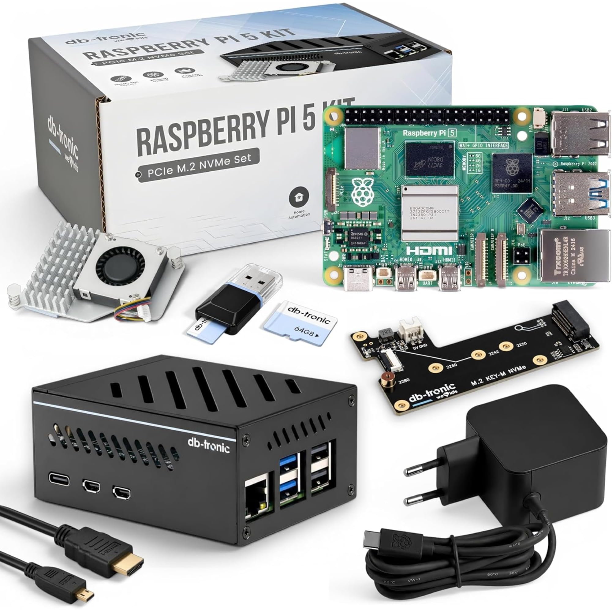 db-tronic Raspberry Pi 5 4GB PCIe M.2 NVMe Set | 64GB Edition | Power Supply 27W | Metal Housing | Active Cooler | M.2 NVMe SSD PCIe Board | Ideal for Smart Home, Retro Gaming & Home Assistant-picture-36