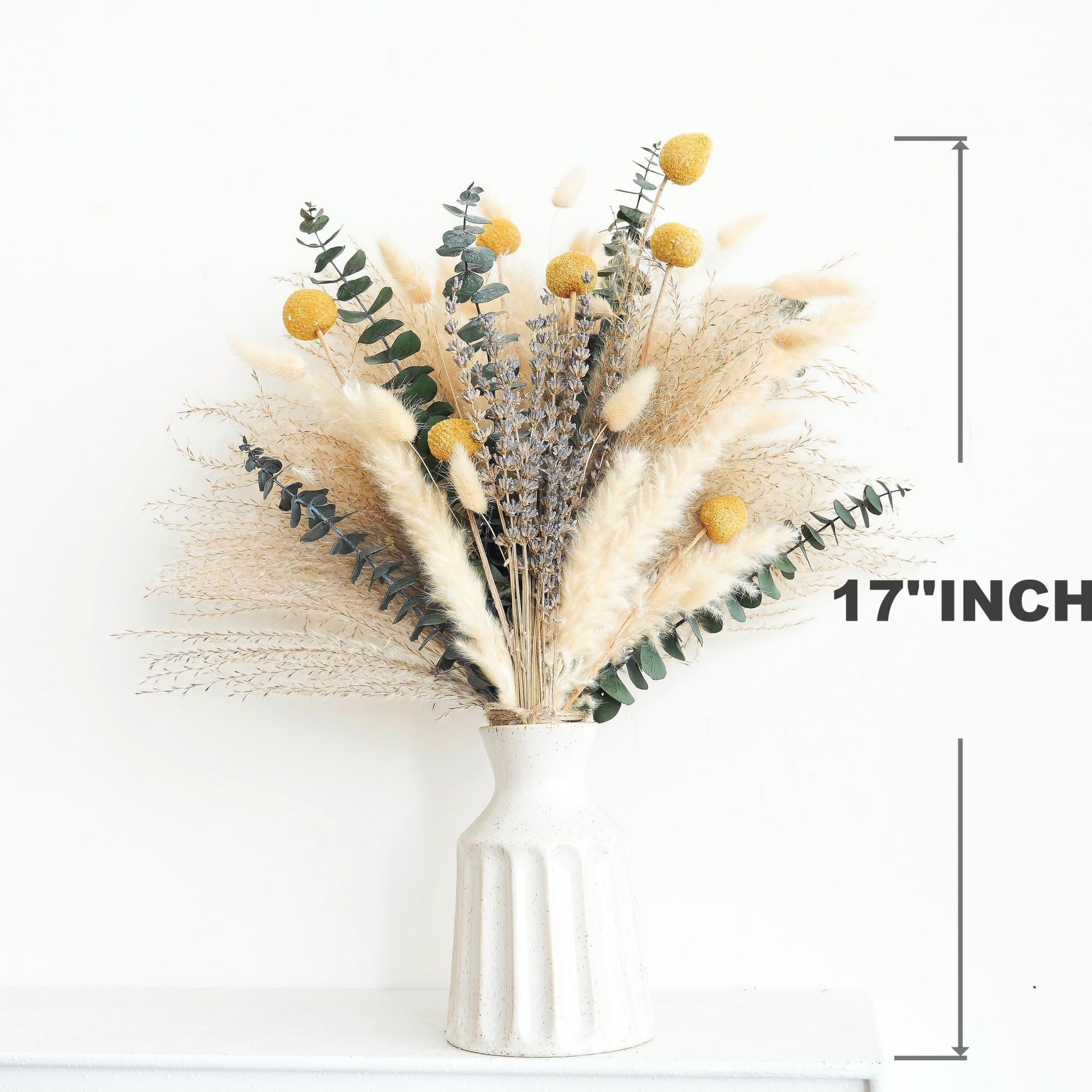500 Stück getrockneter Pampasgrasstrauß – Boho-Trockenblumen für Vase, weiße und braune Pampas, Hasenschwänze, Weizen und Lavendel – natürliche Blumendekoration für Boho-Zuhause, Hochzeit, Babyparty
