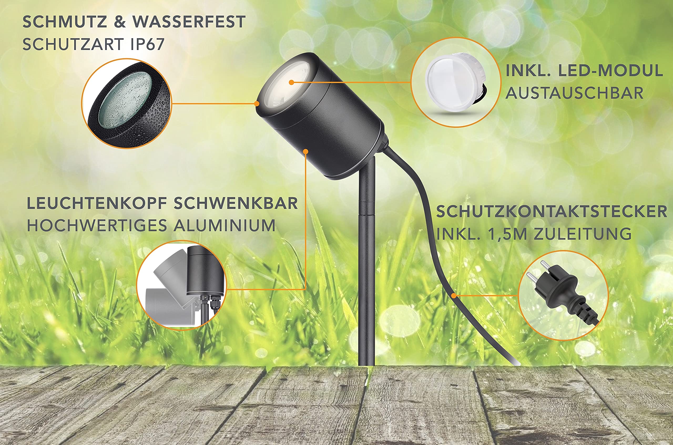lambado® Smart LED Gartenleuchte mit Erdspieß und RGB Farbwechsel - Alexa & Google Home kompatibel - Schwarze Gartenstrahler wasserfest IP67 inkl. 1,5m Kabel mit Stecker