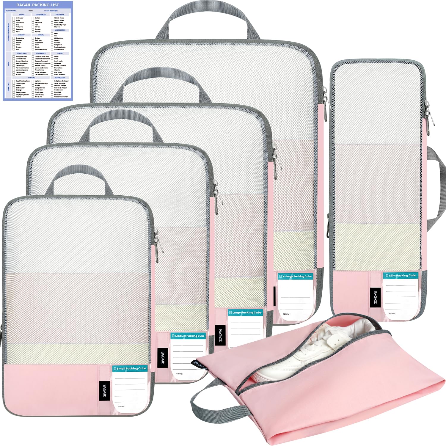 BAGAIL 6 Set Lightweight Compression Packing Cubes with Packing List, Anti-Tearing Expandable Organizer Bags for Travel, Pink