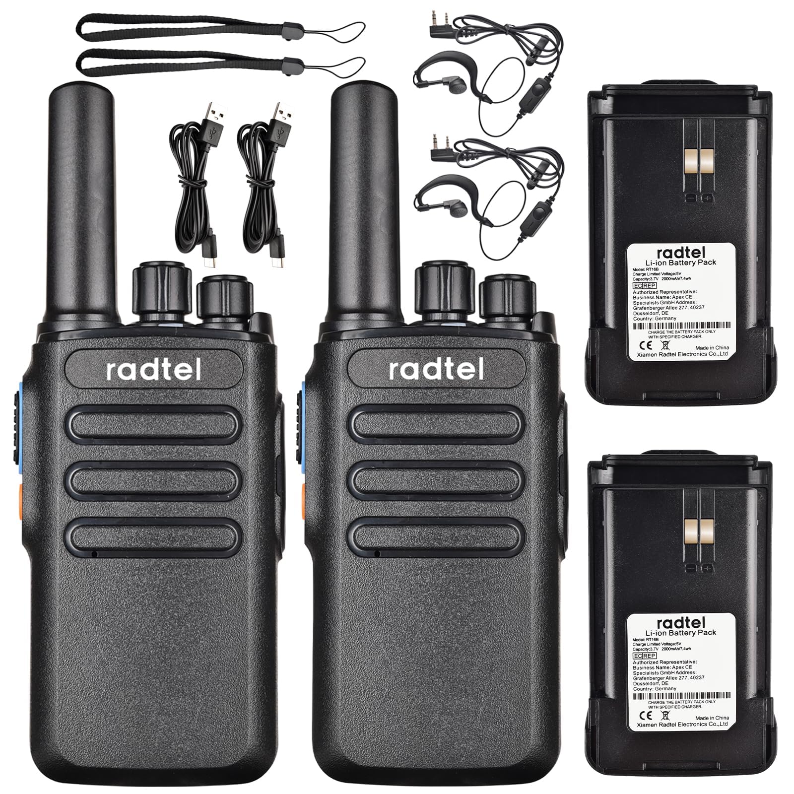 Radtel RT16 PMR446 Walkie Talkie Ricaricabile 16 Canali Radio Senza Licenza CTCSS DCS Walky Radio con Ricarica USB-C per Costruzione Ristorante Supermercato (2 Pack)