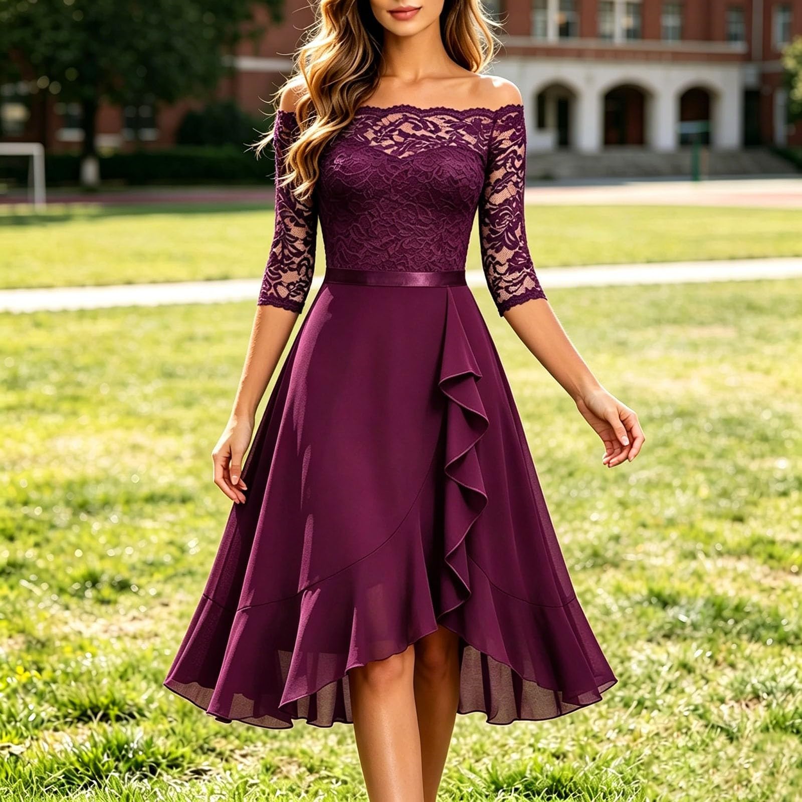 Vestido de cóctel para mujer, elegante, de encaje, con hombros descubiertos