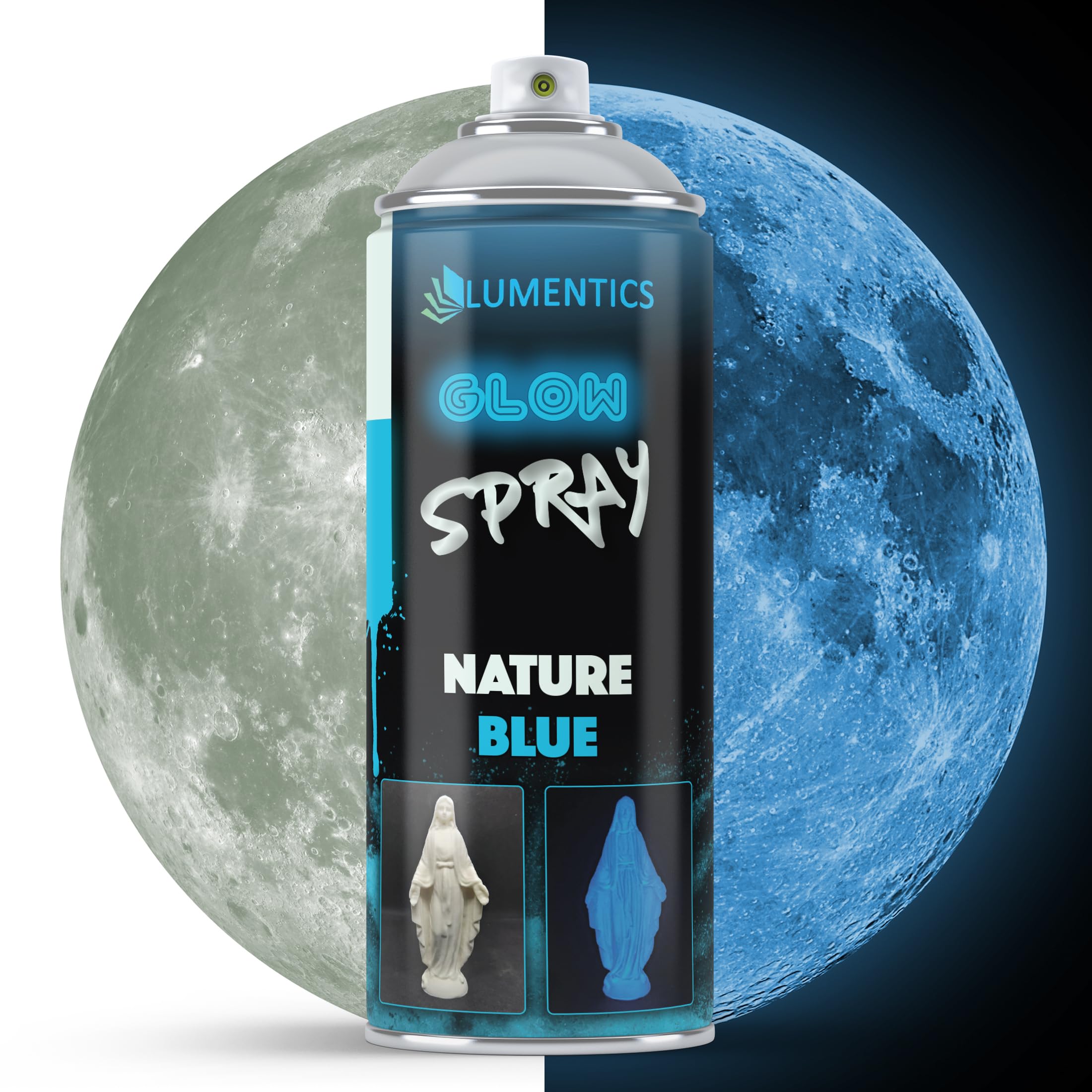 lumentics Spray luminoso Naturale-Blu 400ml - Vernice spray con effetto afterglow - Colore spray fosforescente - Si illumina al buio