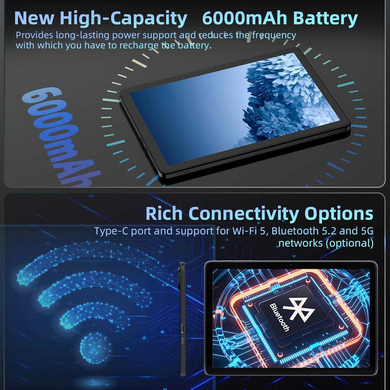 Android 15 Tablet 10 inch,24GB RAM 128 ROM,Tablets with Keyboard Mouse Stylus,1TB Expandable,Octa-Core 6000mAh 1280x800 IPS HD,5G WiFi,T615 CPU,High Performance,Processor,Dual Camera(Gray) - Image 4