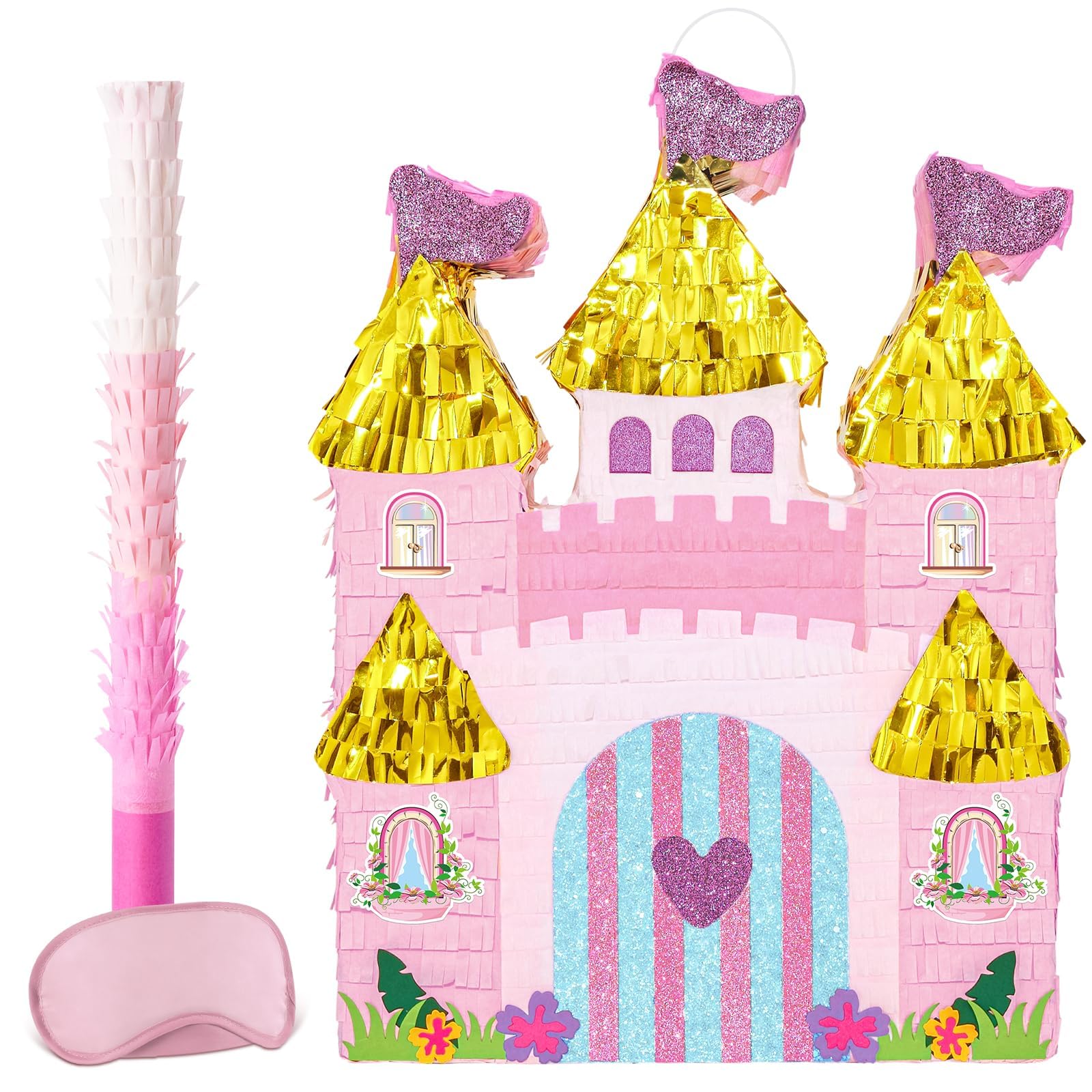 WERNNSAI Princess Castle Pinata - Princess Birthday Party Decorations Girls Pink Pinata with Blindfold and Bat for Girls Birthday Decorations Princess Party Supplies Baby Shower — image 1