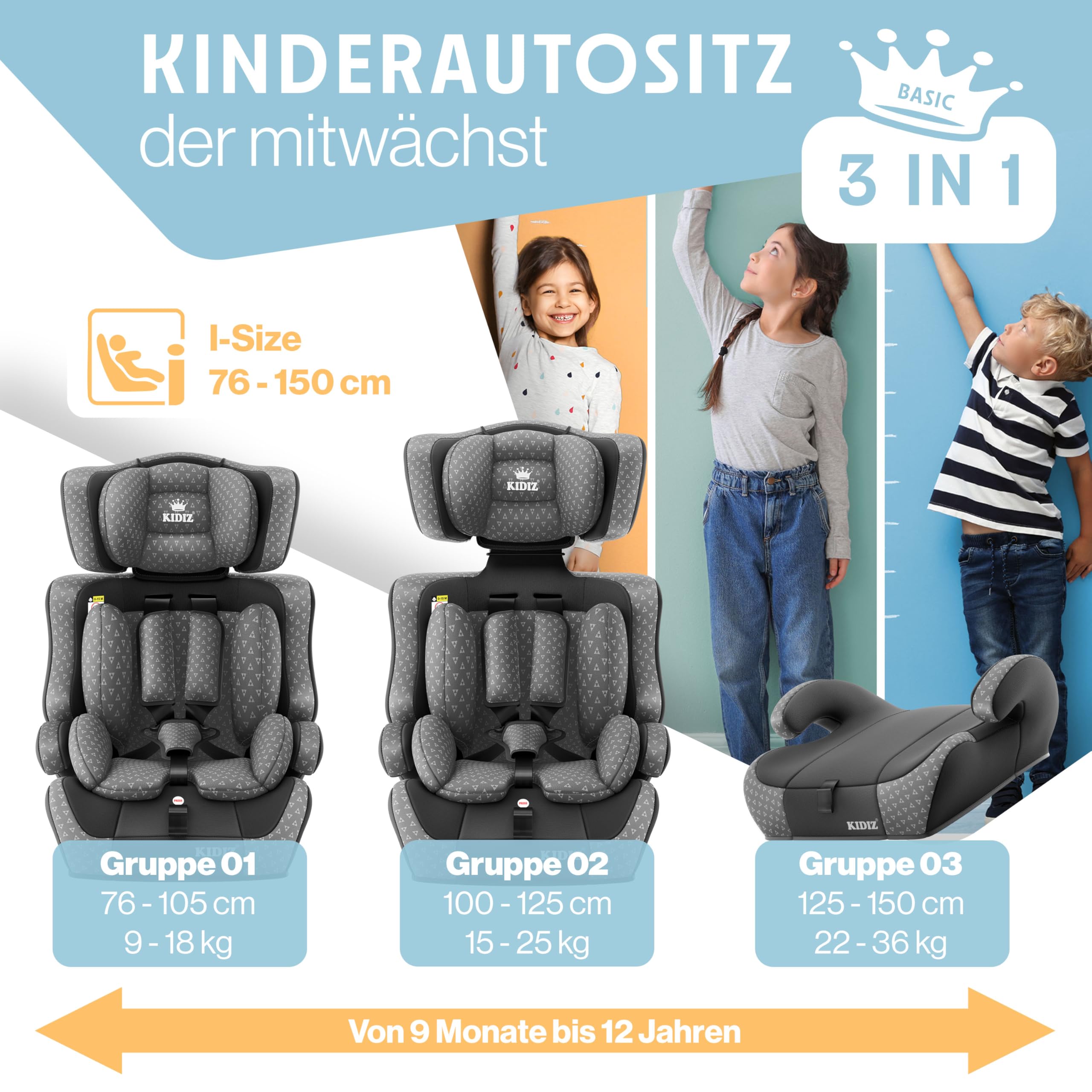KIDIZ Seggiolino auto Triangle Premium per bambini, seggiolino auto | 9 kg - 36 kg 1-12 anni | gruppo 1/2/3 | universale | omologato secondo ECE R129/03