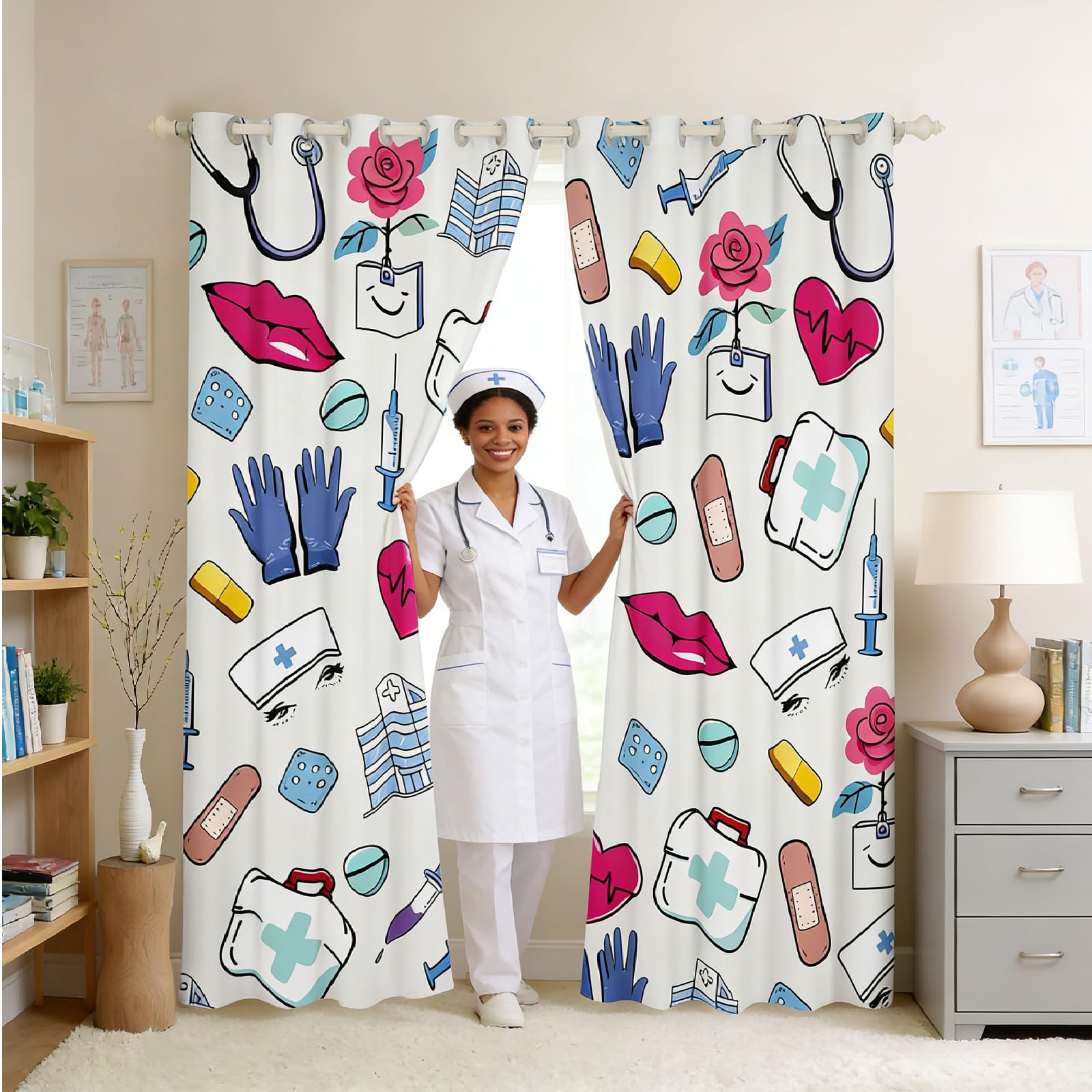 Nurse Gifts,Nursing Curtains Cartoon Sketch Cute Blackout Curtains,Nurse Accessories for Work Curtains & Drapes 76"X45",Nursing Bags for Nurses Nurse Practitioner Gifts for Women Room Decor