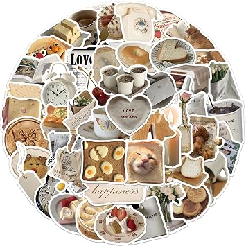 50Pcs Laptop Stickers Scrapbook Stickers, Stickers Aesthetic Personalized Cute Vintage Cheese Cat Sticker, for Computer Phone Journal Skateboard Cups, Adults Children Khaki