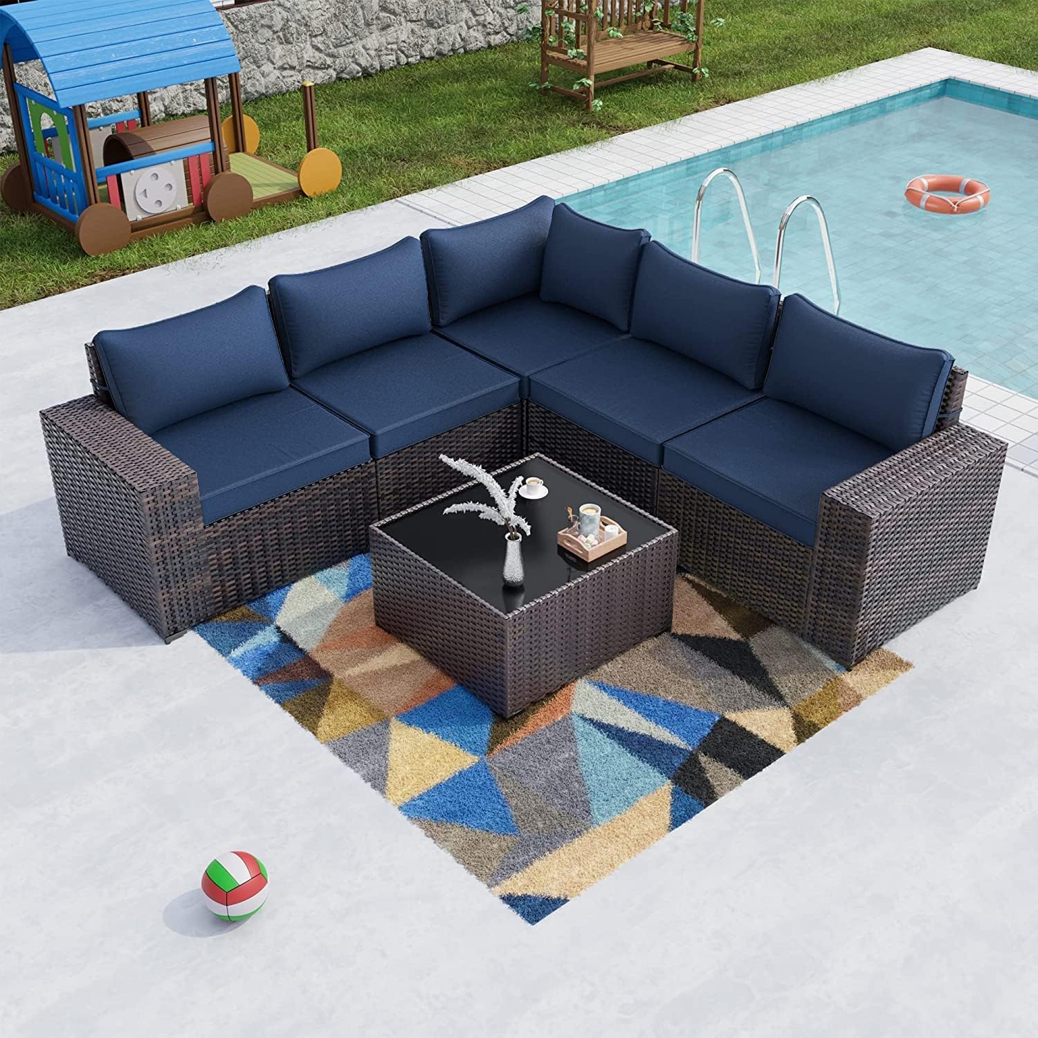 Kullavik 6PCS Outdoor Patio Furniture Set PE Wicker Rattan Sectional Sofa Patio Conversation Sets,Navy Blue