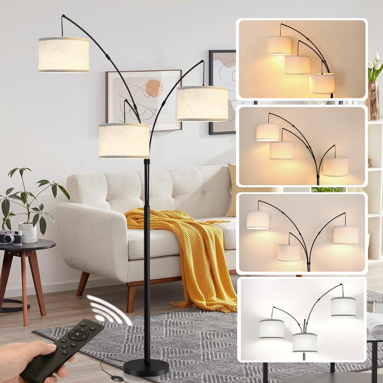OUTON Tall Arc Floor Lamp - Adjustable, Modern, 3-Light Arched Lamp for Bedroom, Office, and ...