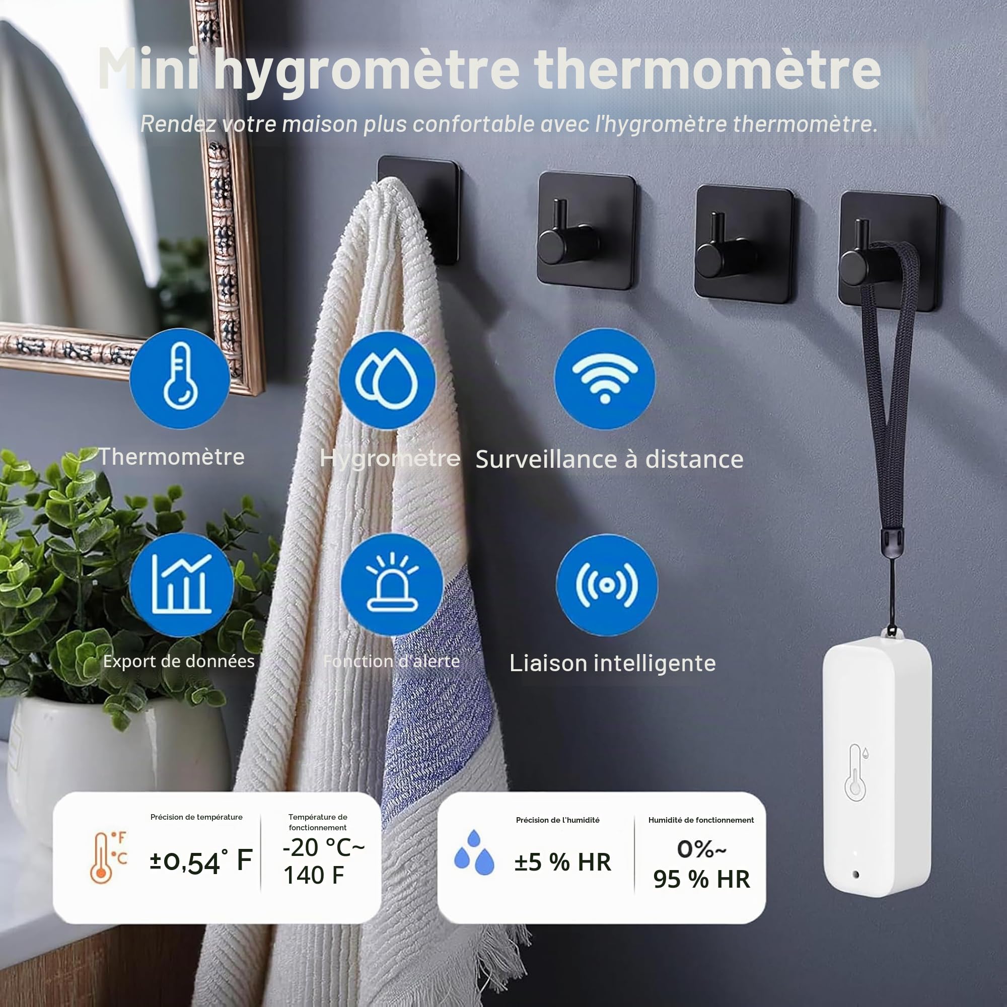 WiFi Hygromètre Thermomètre Capteur, Capteur de température et d'humidité sans fil avec alarme de notification d'application à distance, Fonctionne avec l'application Tuya (4 paquet)