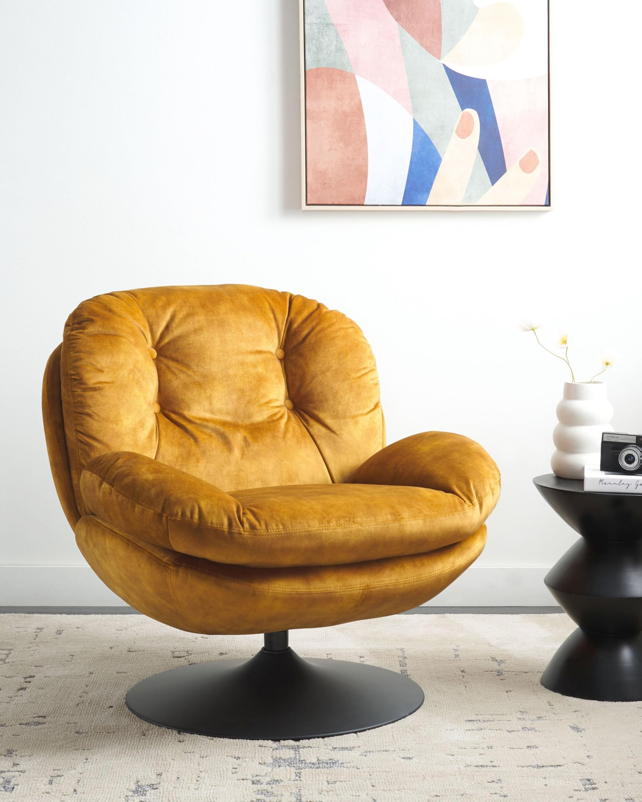 Beliani Sessel Samt gelb gesteppt mit Drehfunktion Metallgestell schwarz Retro Nolvik