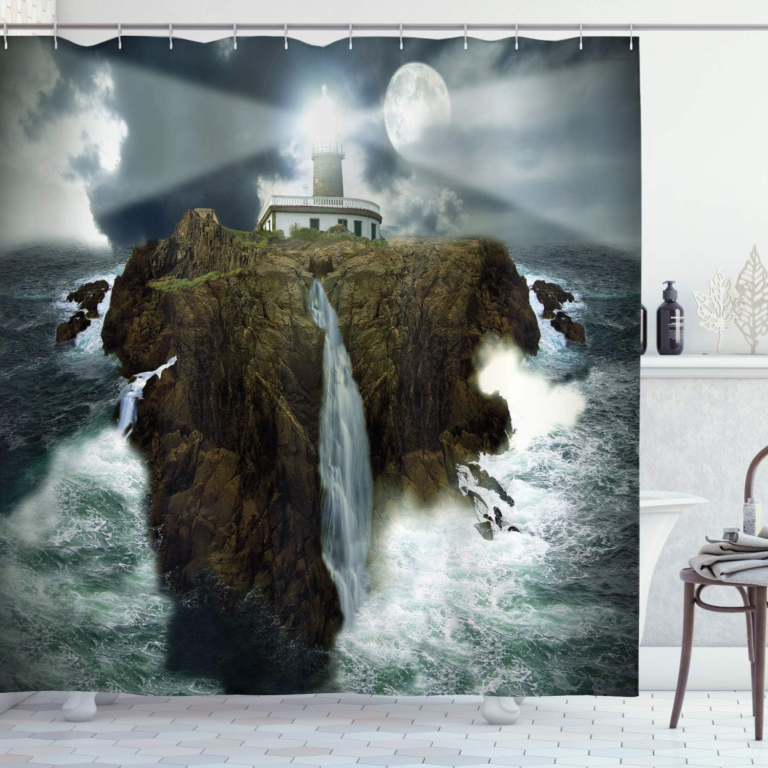 Ambesonne Lighthouse Shower Curtain, Island Rocks Stormy Sea Crashing Waves Full Moon Beams, Cloth Fabric Bathroom Decor Set with Hooks, 69" W x 70" L, Grey White Brown