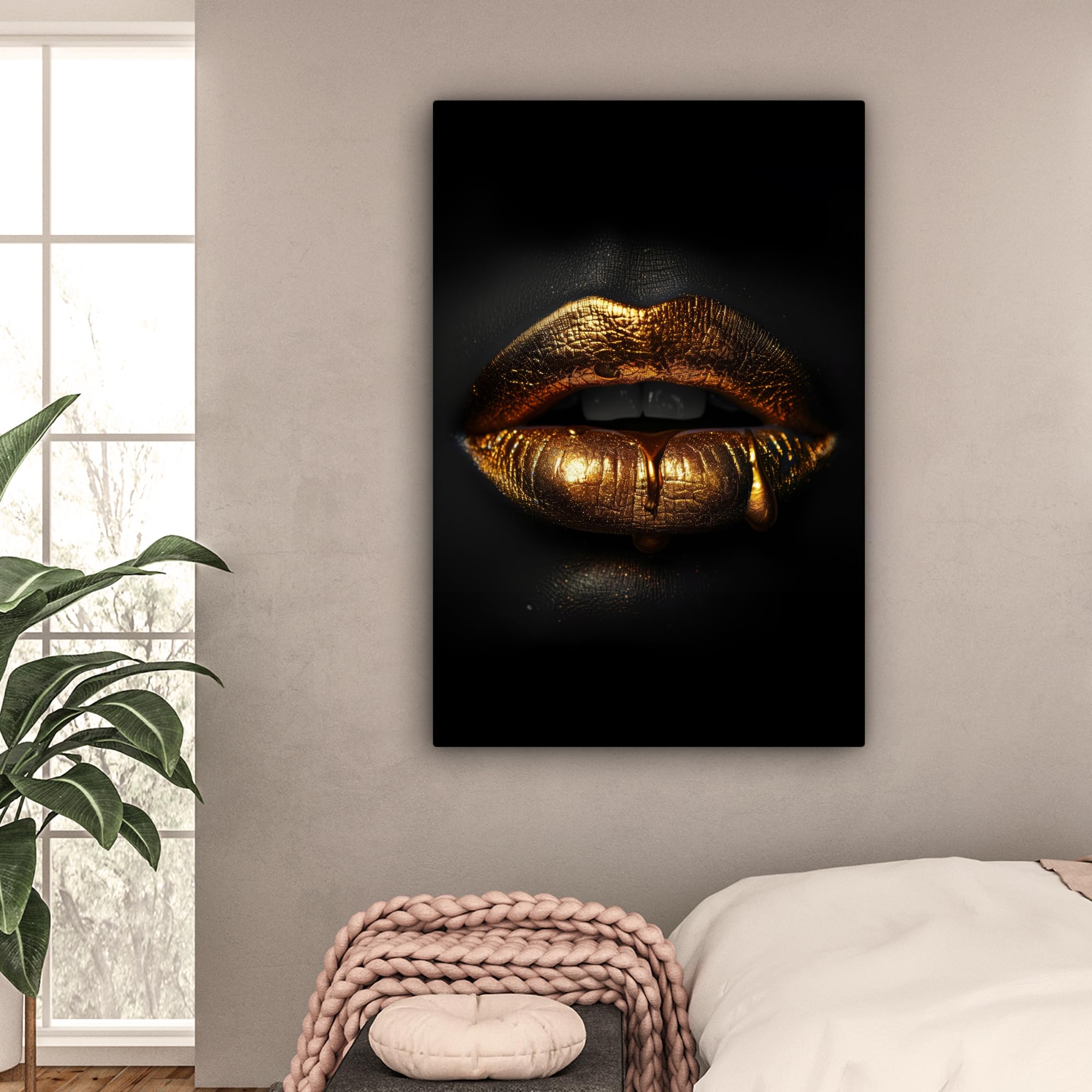 MuchoWow© Stampa di Foto su Tela Quadro Soggiorno Moderno Quadri per | 80x120 cm - Salotto Decorazioni Camera Donna - Ritratto - Labbra - Oro - Nero