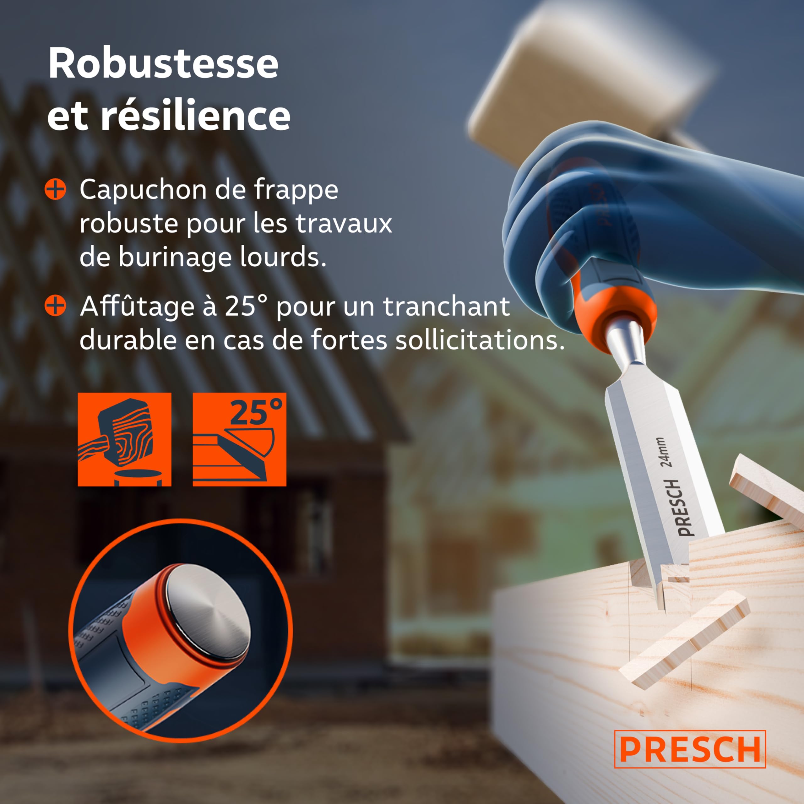 Presch Ciseaux à bois 6pcs avec sacoche 6-38mm angle 25° capuchon métallique robuste