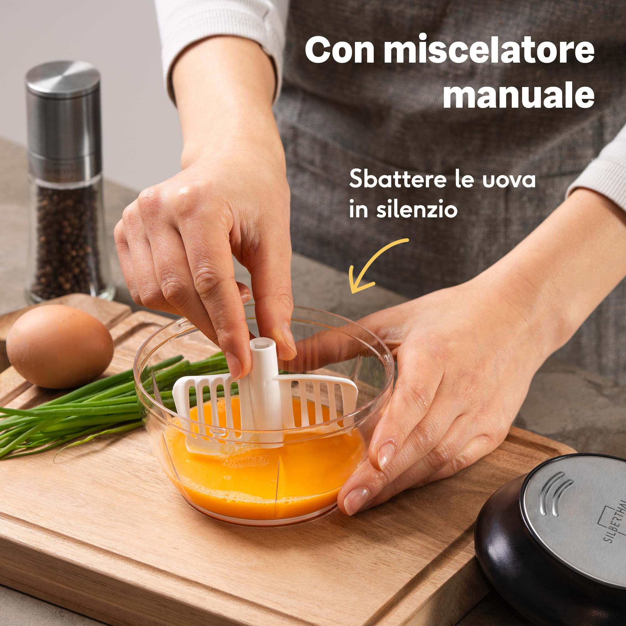 SILBERTHAL Tritatutto manuale a corda 500ml - Acciaio inox - 5 secondi - Con coperchio e raschietto - Per cipolle, aglio, erbe aromatiche
