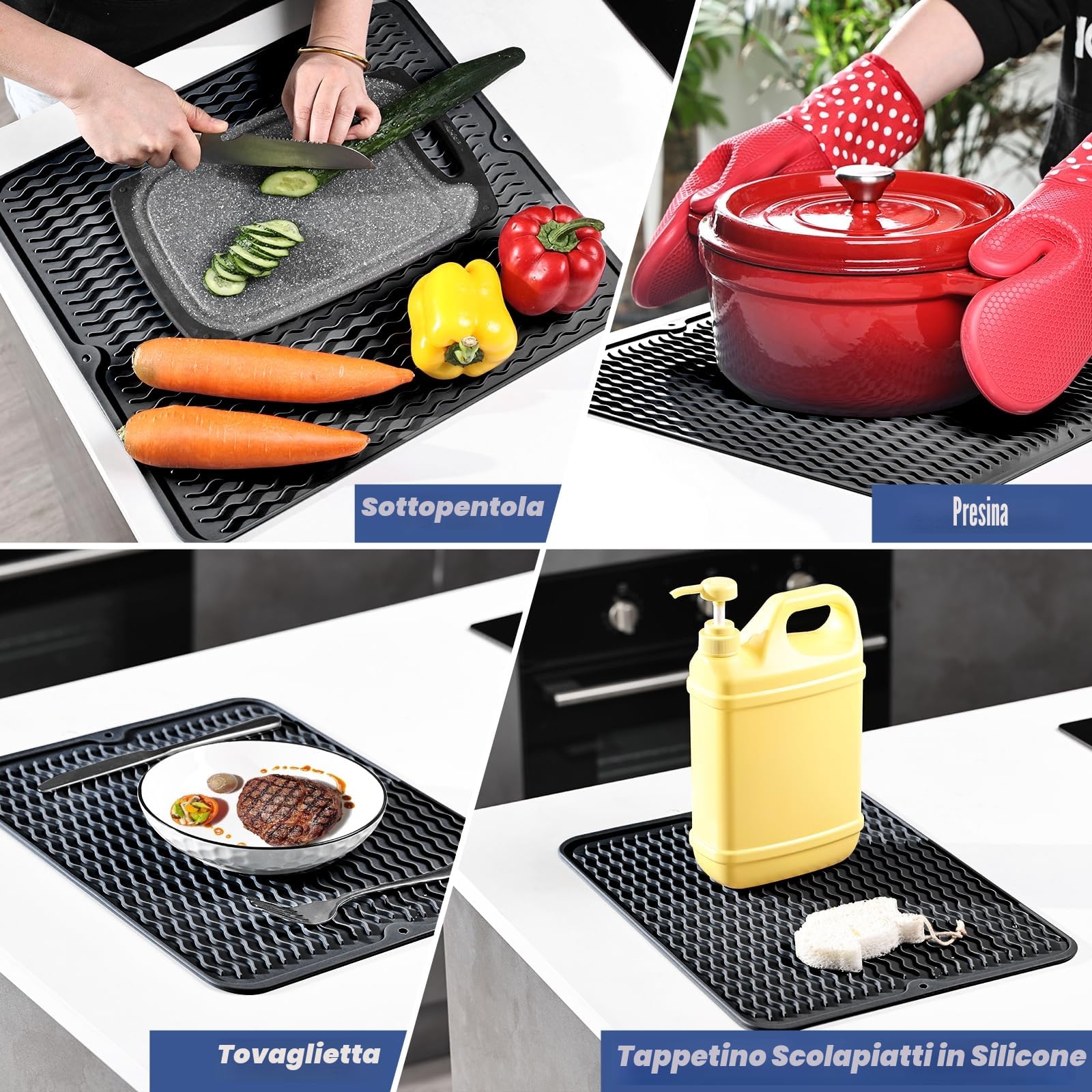 KitchenRaku Tappetino scolapiatti 30x40cm Resistente al calore Sottobicchieri silicone antiscivolo Nero