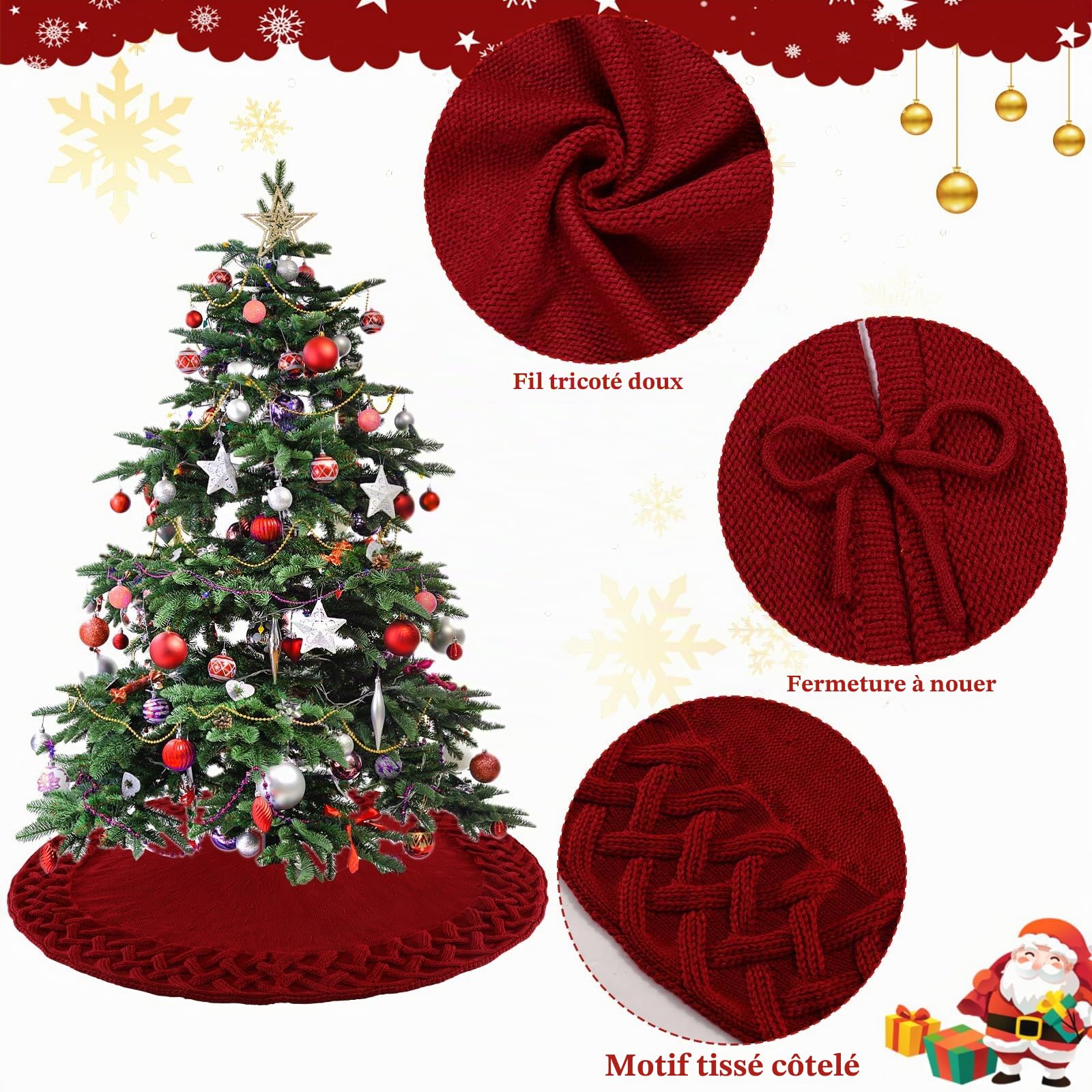Dremisland Jupe Sapin de Noël 122 cm Jupe d'arbre Tricotée de Noël Bordeaux Tricotée Tapis de Sapin de Noel Artisanal Rond Grand Tapis d'arbre Ronde Pied De Noel pour Les Vacances Nouvel