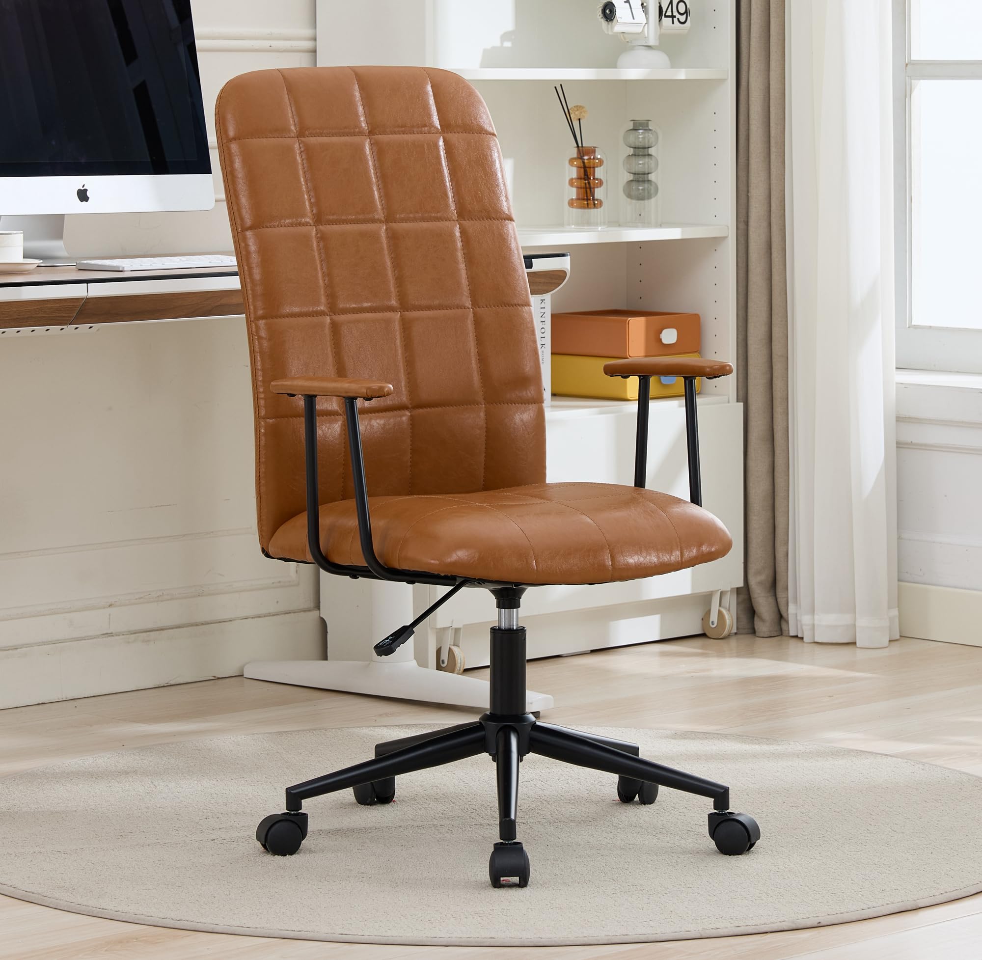 PU Padded Office Chair 360 Swivel Free Ergonomic Vintage Chairs with Armrests and High Backrest Adjustable Height Computer
