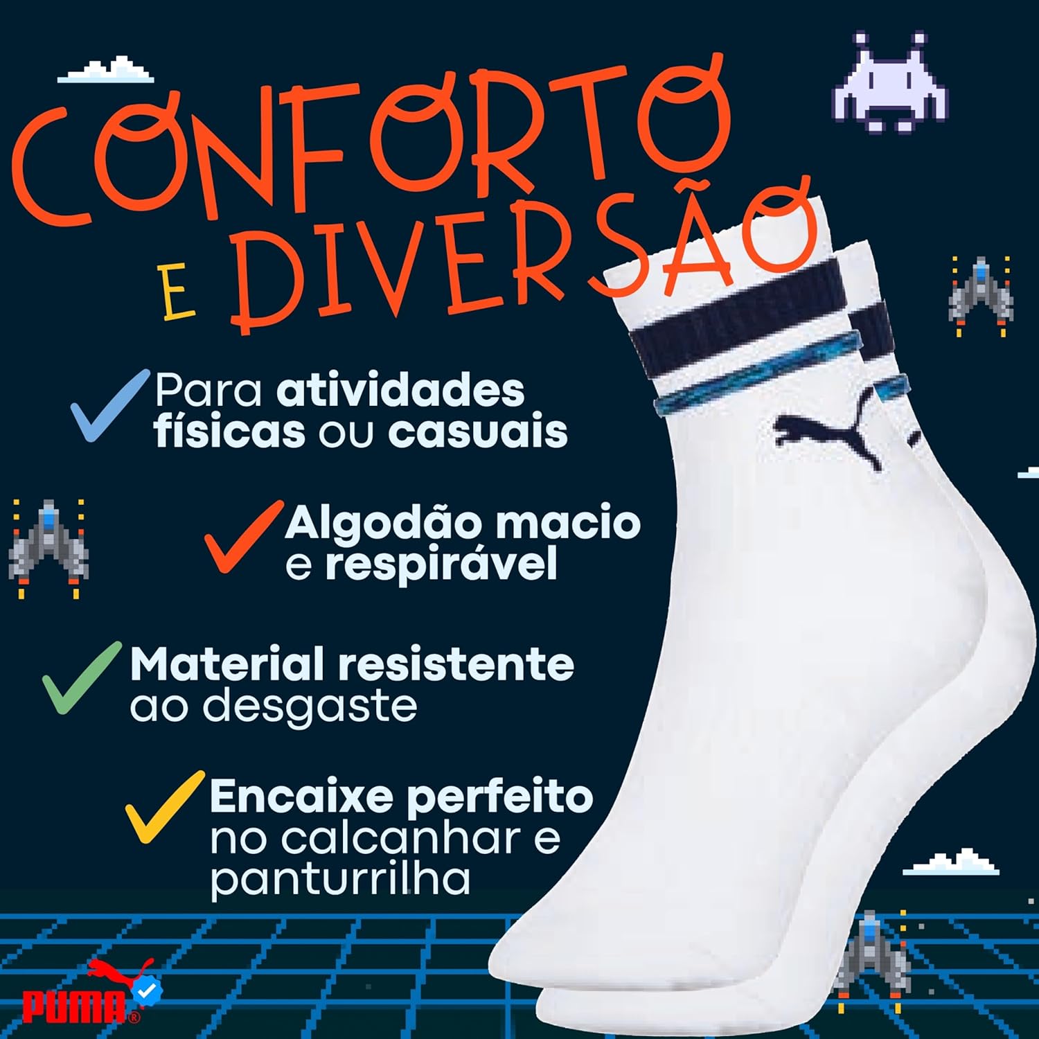 Kit 06 Pares Meia Puma Infantil Cano Longo Algodão Criança Menino em promoção! Veja a oferta e mais achadinhos de Moda íntima 4 Hoje é o melhor dia para comprar Kit 06 Pares Meia Puma Infantil Cano Longo Algodão Criança Menino com aquele preço maroto! Promoção! Aproveite a oferta! 4