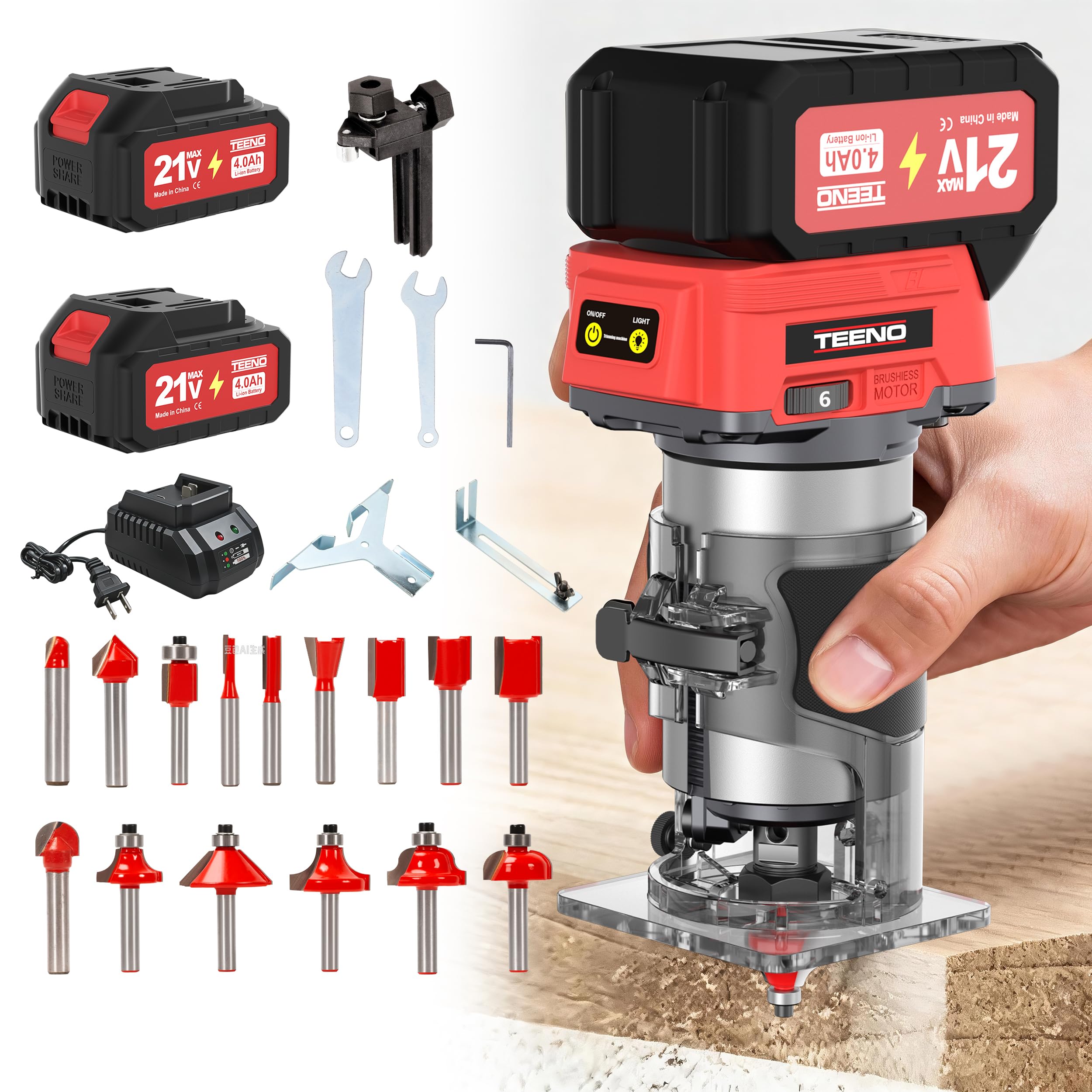 Fresadora De Madera Rebajadora Eléctrica 20 V, mini trituradora portátil con 2 baterías de 4,0 Ah y motor sin escobillas, 6 velocidades variables hasta 35,000 RPM, viene con guía de borde, guía de
