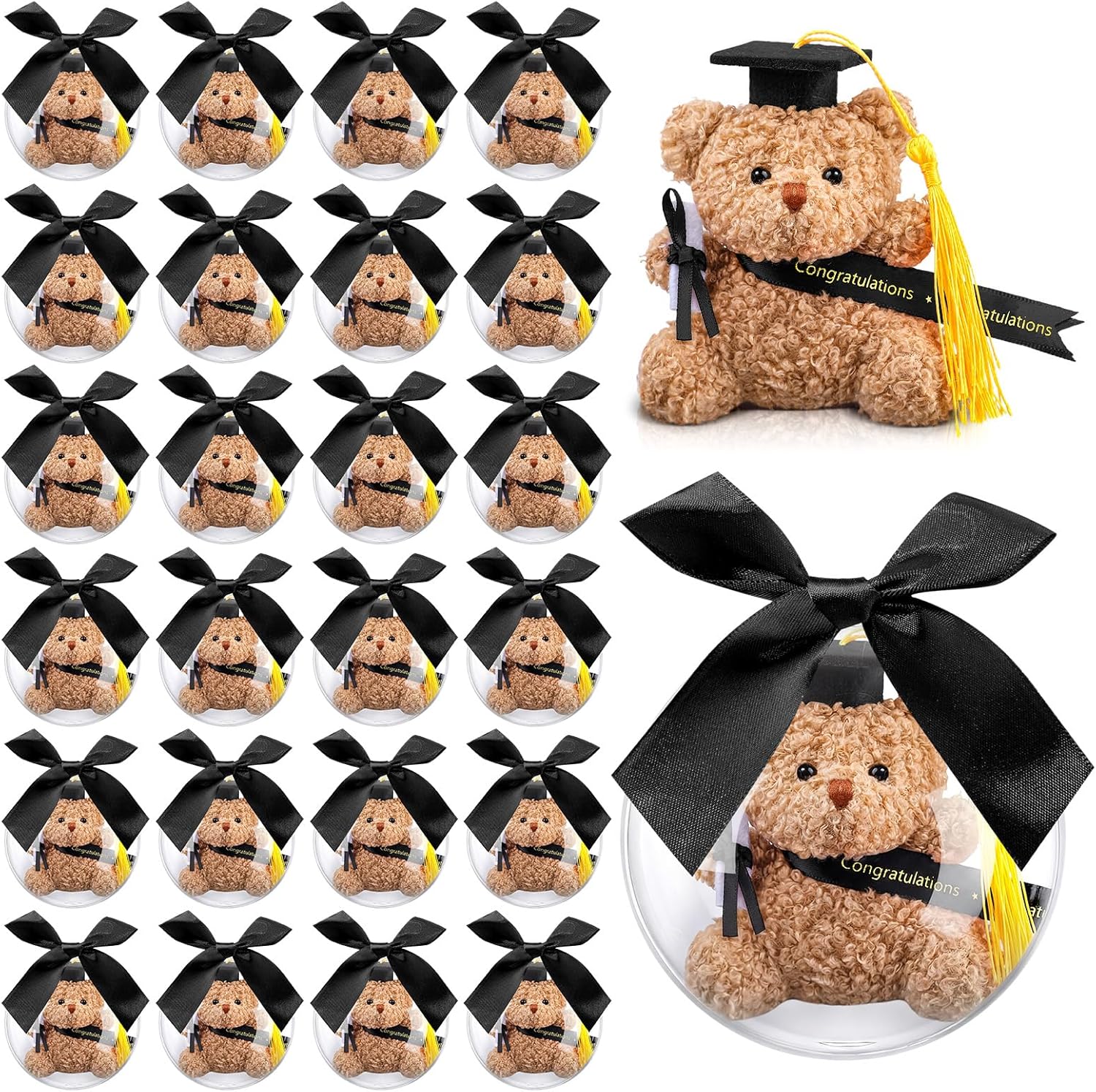 75 Pcs 2026 Mini Graduation Bear Bulk Set with 25 Graduation Gift Mini Stuffed Bears 25 Clear Plastic Fillable Ornament Balls and 25 Bow 2026 Party Favors(Black)