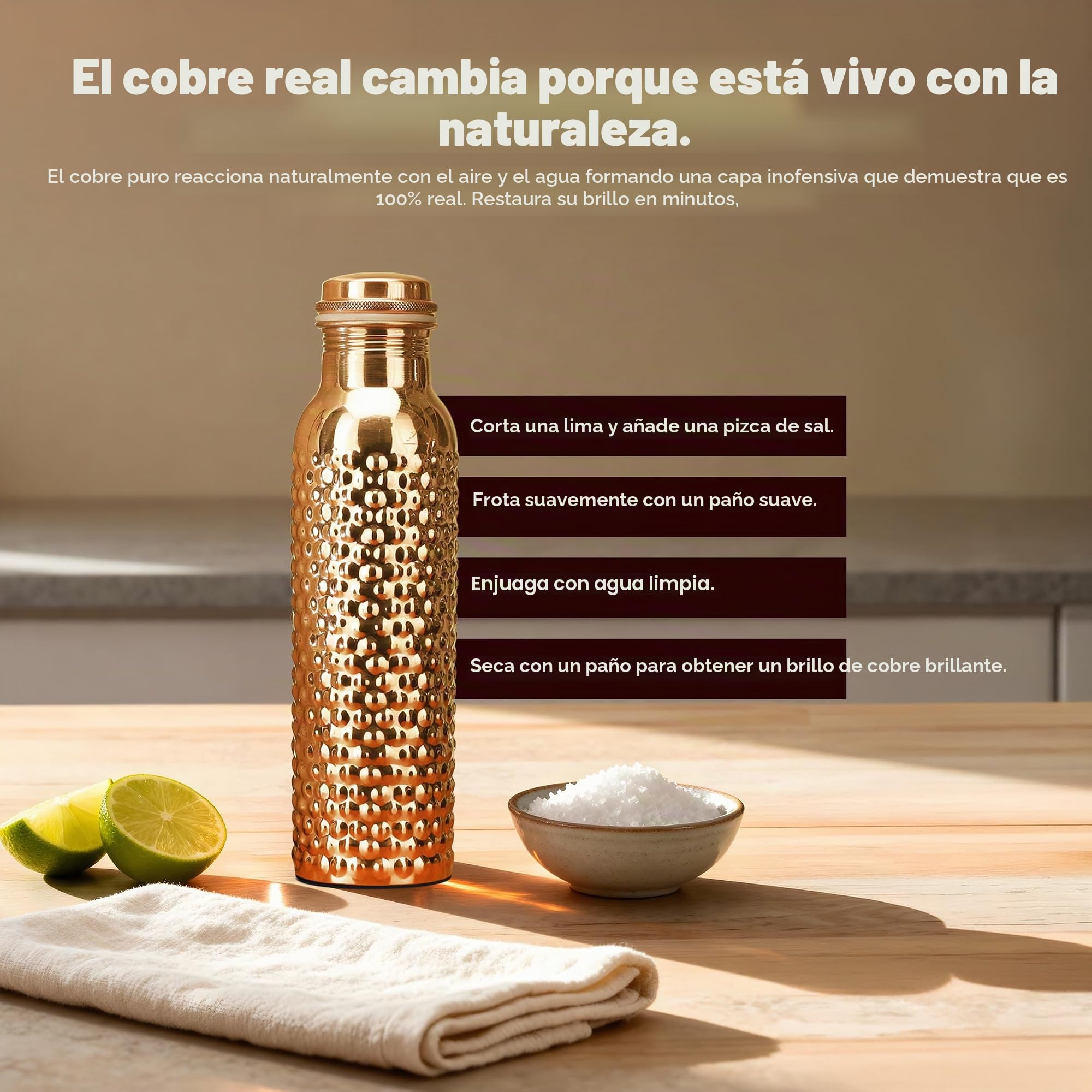 Botella de agua de cobre puro de 34 onzas con beneficios ayurvédicos, botella con bolsa para beber, tapa a prueba de fugas, recipiente grande hecho a mano para viajes y gimnasio