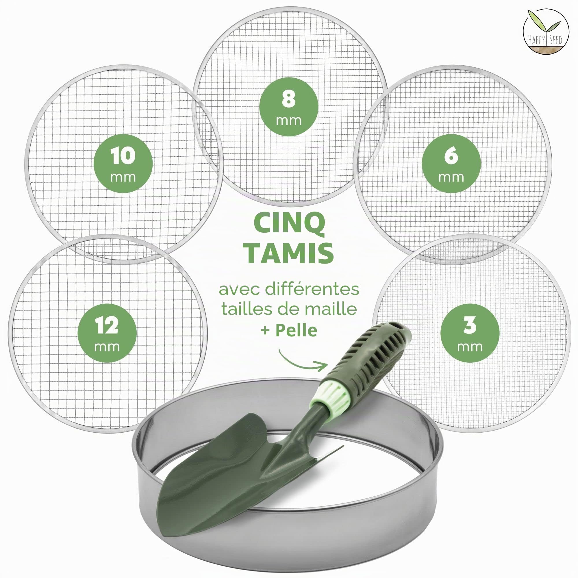 Tamis de jardin rond 30 cm avec 5 tamis interchangeables - tamis à compost en acier inoxydable pour la terre, le compost, les graines - pelle de jardin incluse