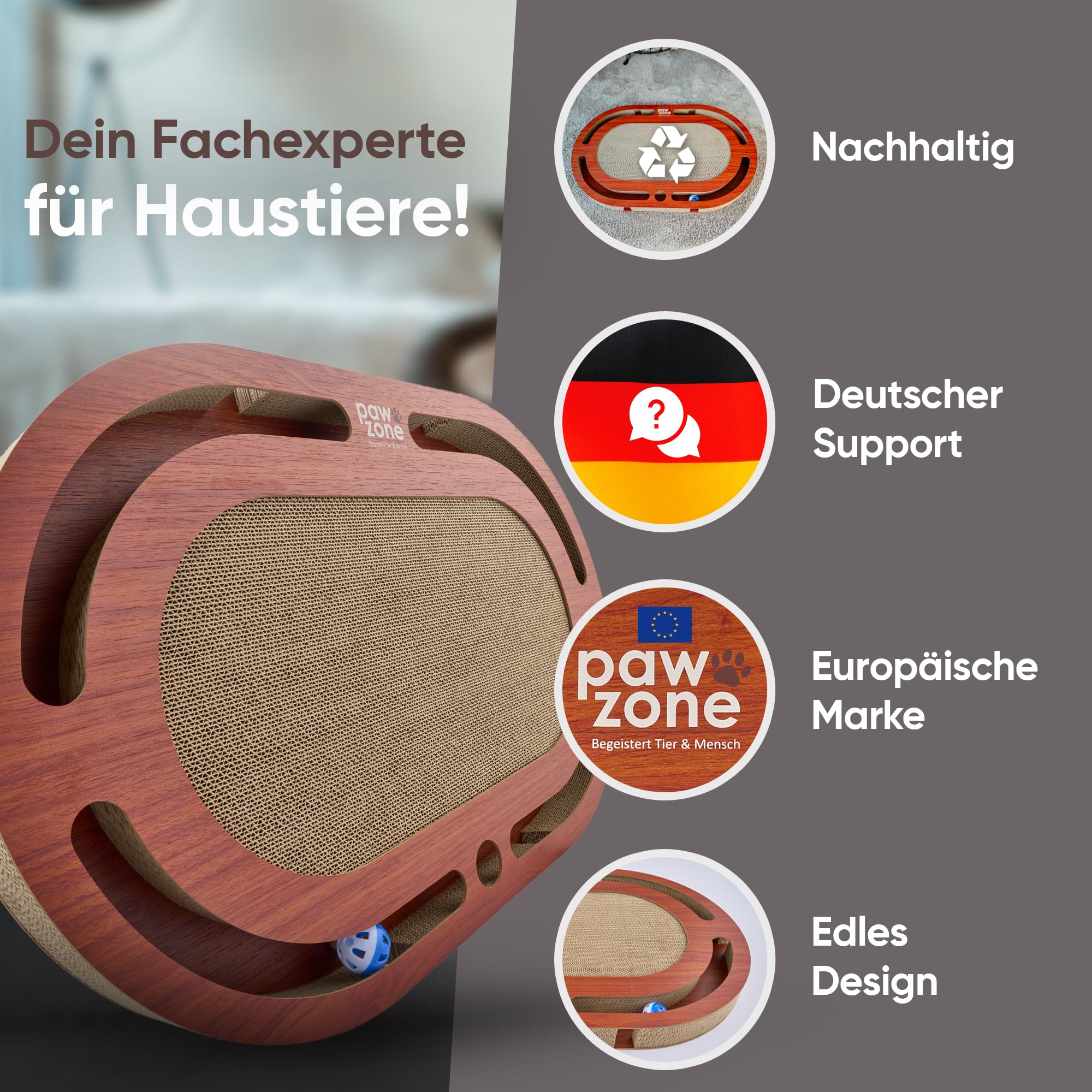 PAWZONE Rascador – se puede utilizar por ambos lados + cartón intercambiable – Incluye juguete para gatos – Cartón rascador XXL de alta calidad en MDF estable – Alfombrilla para rascar – Accesorios