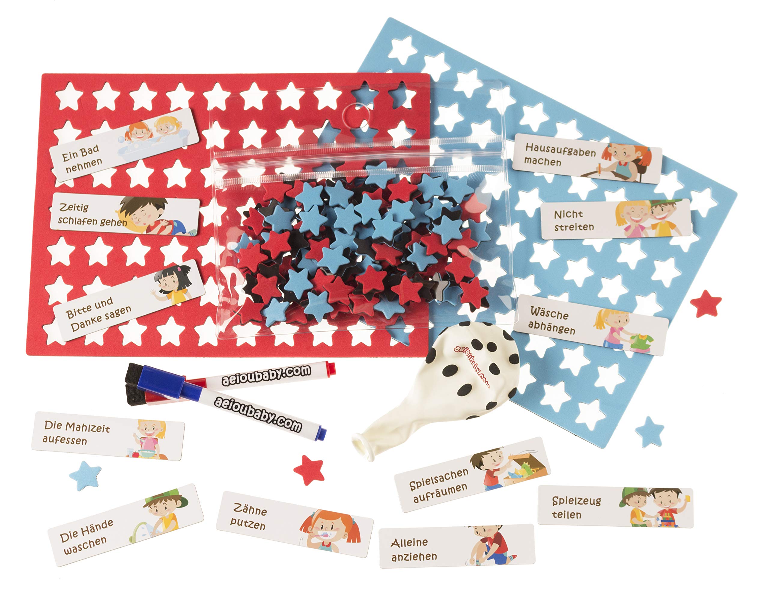 aeioubaby.com Tabla RECOMPENSAS Magnética Grande | Pizarra de tareas para Pared o Frigorífico, 43x32cm. 22 Actividades, 2 rotuladores y 1 Globo | Presentación Caja niños y cumpleaños (Alemán)
