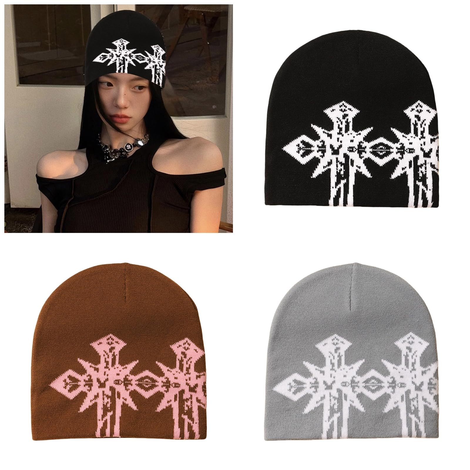 Gorro unisex de punto con cruces tejidas para actividades al aire libre y moda callejera