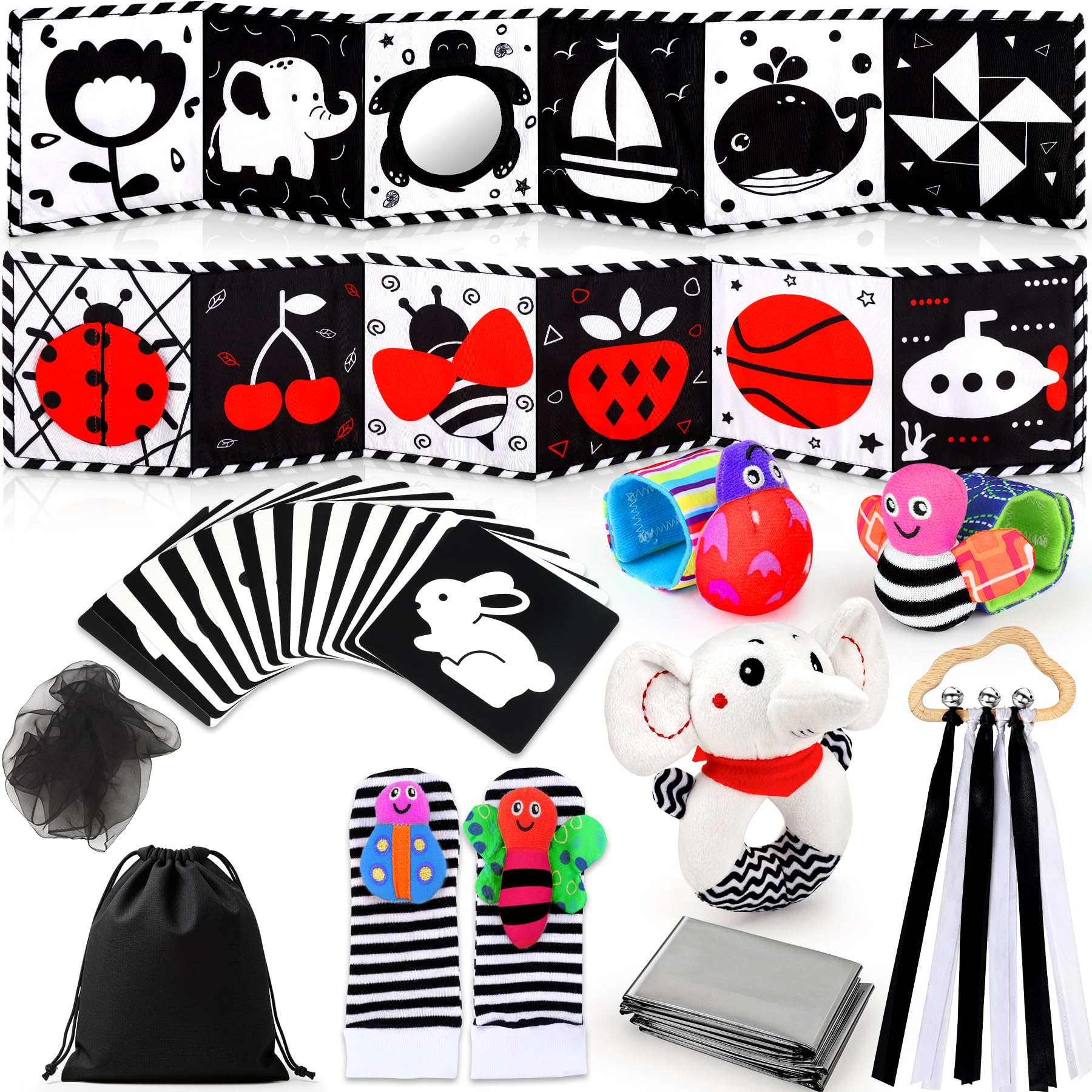 Baby Sensory Toys, 31 PCS Black and White Sensory Toys 0-12 Month Newborn  Toys with Black&Red Baby Book, Sensory Cards, Ribbon Ring, Babys Socks,