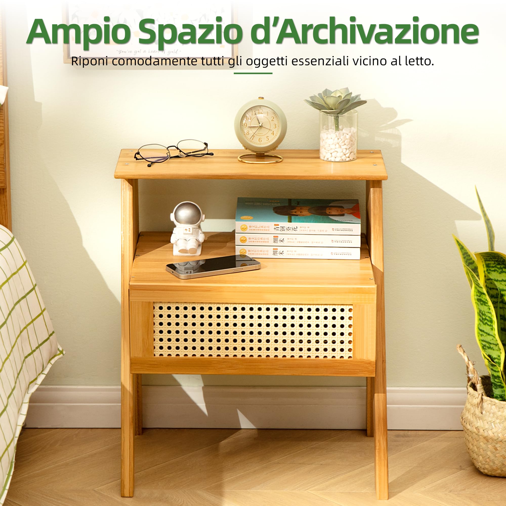 Comodino in Bambù con Cassetto, Mobile da Notte Boho | Design Trapezoidale Moderno| Tavolino Laterale per Camera, Soggiorno e Ufficio| 43x32x51 cm