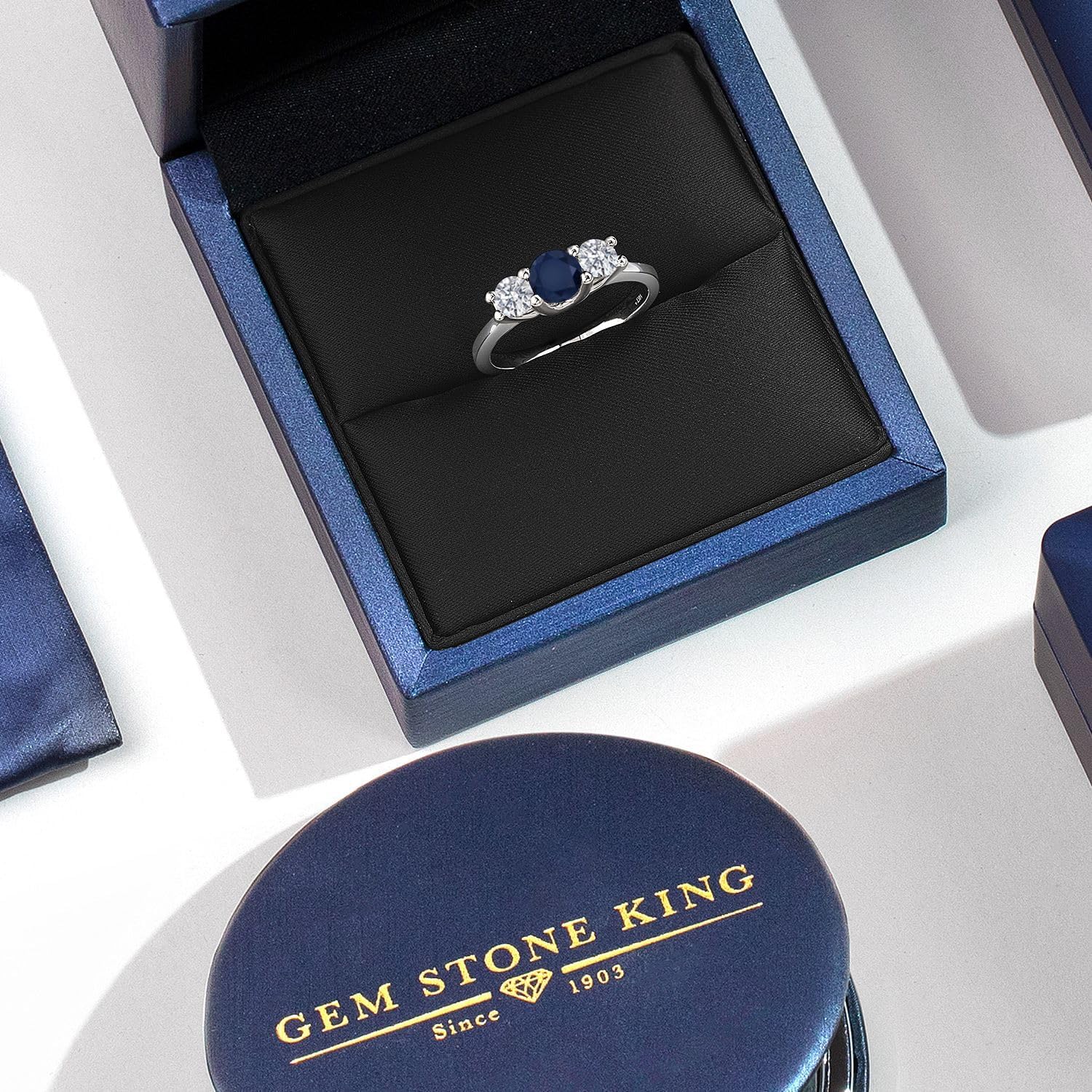 Gem Stone King 14K White Gold Blue Sapphire & White Lab Grown Diamond 3-Stone Engagement Ring | 1.14 Cttw | Round 5MM and 4MM | 3 Stone Wedding Anniversary Promise Ring For Women - Image 5