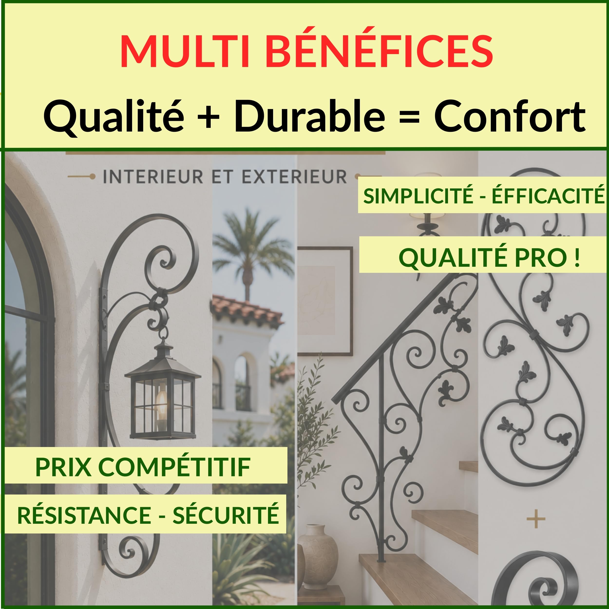 Déco fer Forgé- VOLUTE 8 Feuilles en Fer Forgé -ACIER DECORATION Durable efficacité Pieces - H 870 x 134 mm- Volute en S En Fer Plat de 12/6 mm -Usage Interieur Exterieur Satisfaction Garantie Robuste