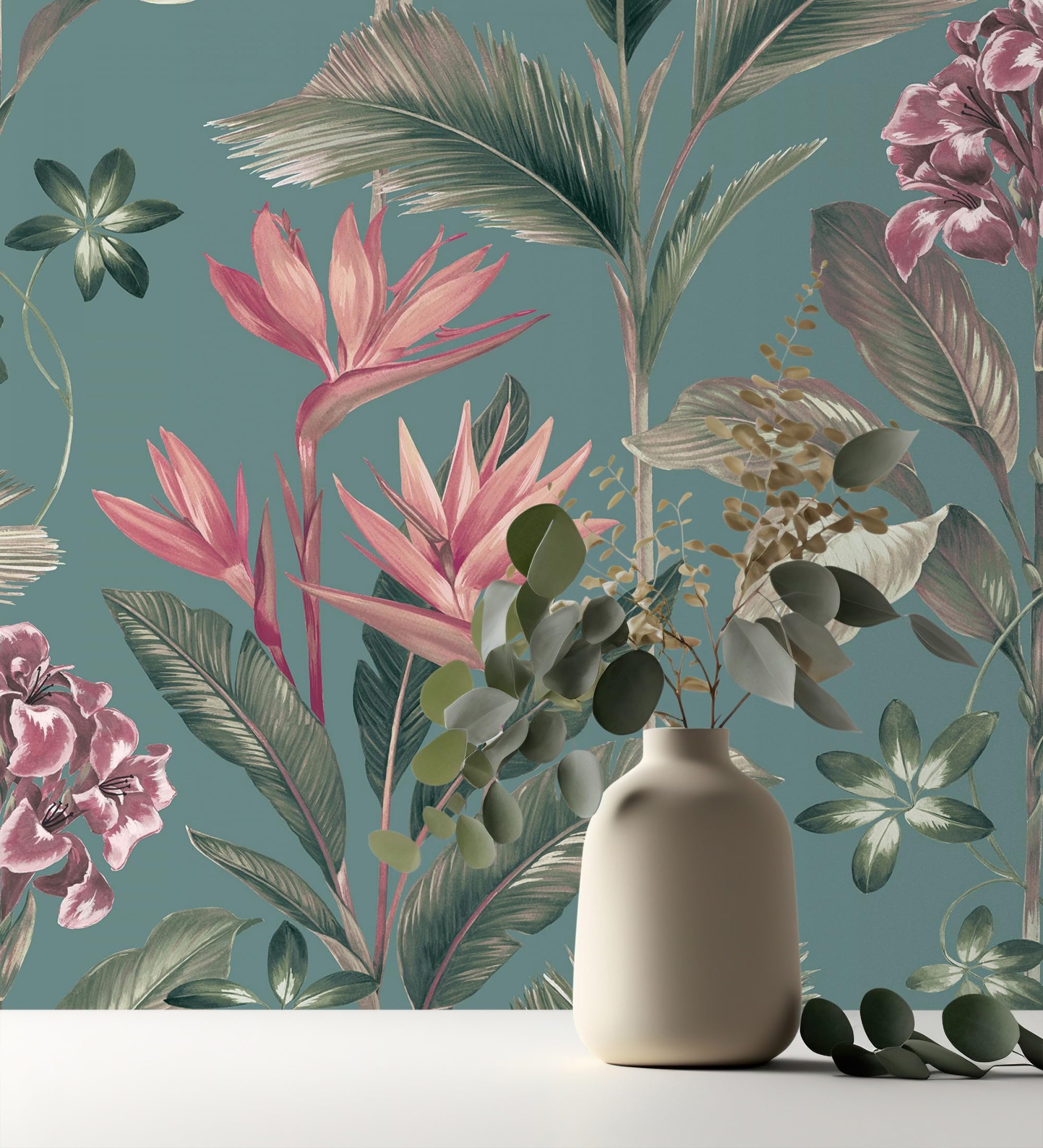 GAULAN 682878 - Papel pintado de flores del paraíso y hojas estilo tropical color azul turquesa oscuro para pared salón dormitorio pasillo mueble - Rollo de 10 m x 0,53 m