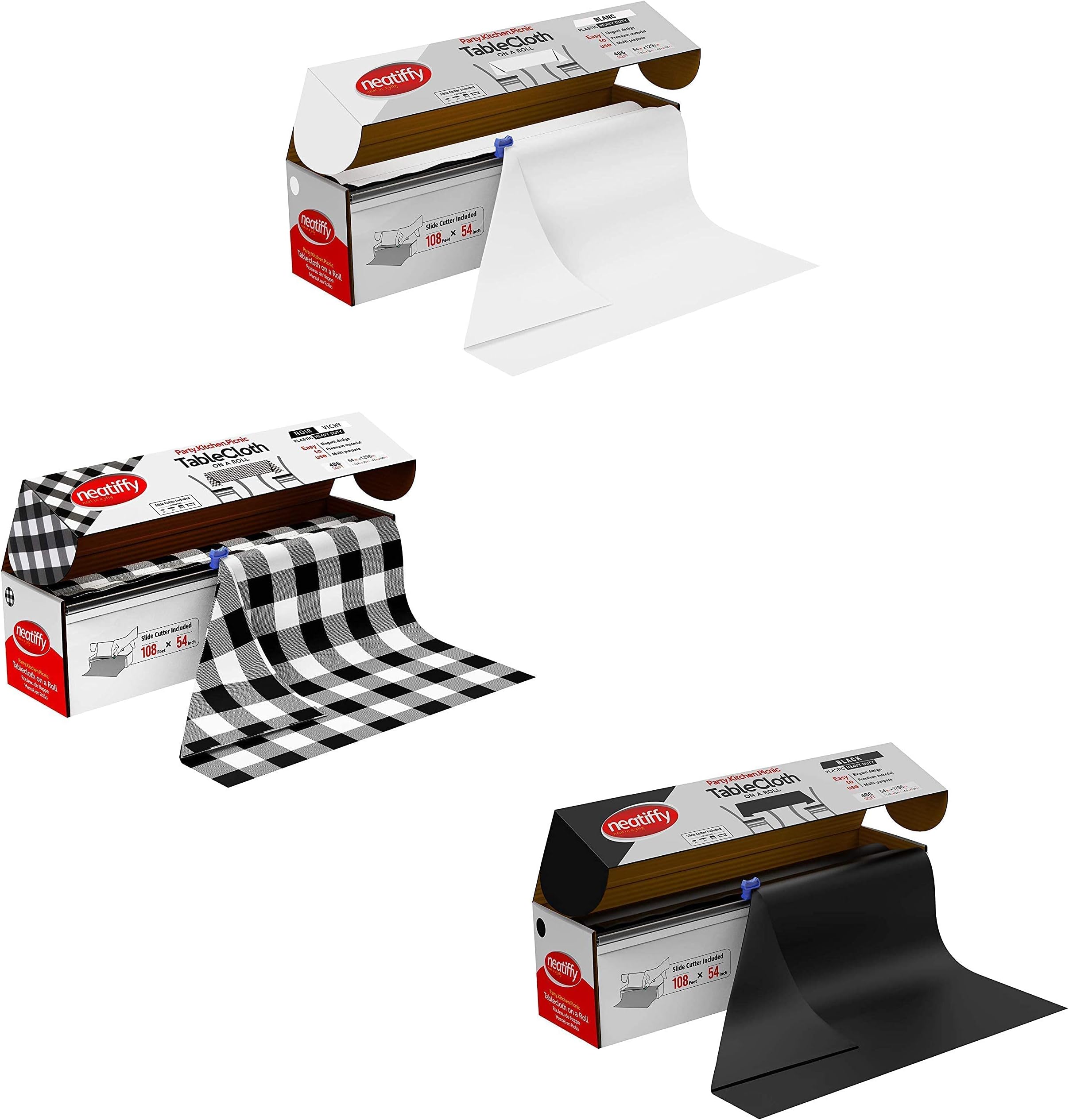 Neatiffy Disposable Plastic Table Cloth Roll | 54 in x 108 Ft Waterproof Tablecloth | Table Cover for Rectangle, Square, Round Oval Tables | Picnic, Party, Banquet-White, Black, Black Checkered