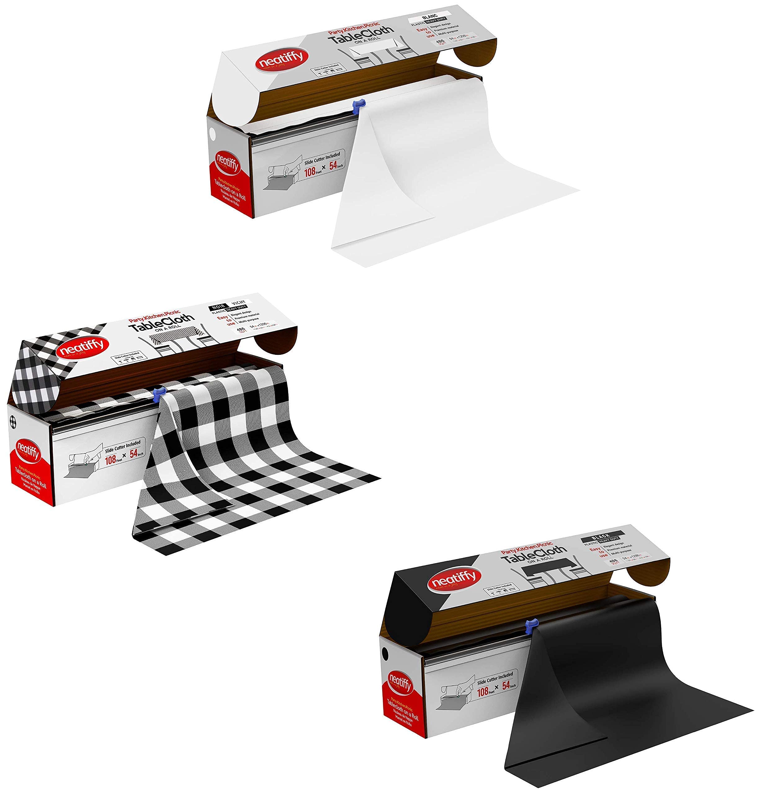 Neatiffy Disposable Plastic Table Cloth Roll | 54 in x 108 Ft Waterproof Tablecloth | Table Cover for Rectangle, Square, Round Oval Tables | Picnic, Party, Banquet-White, Black, Black Checkered