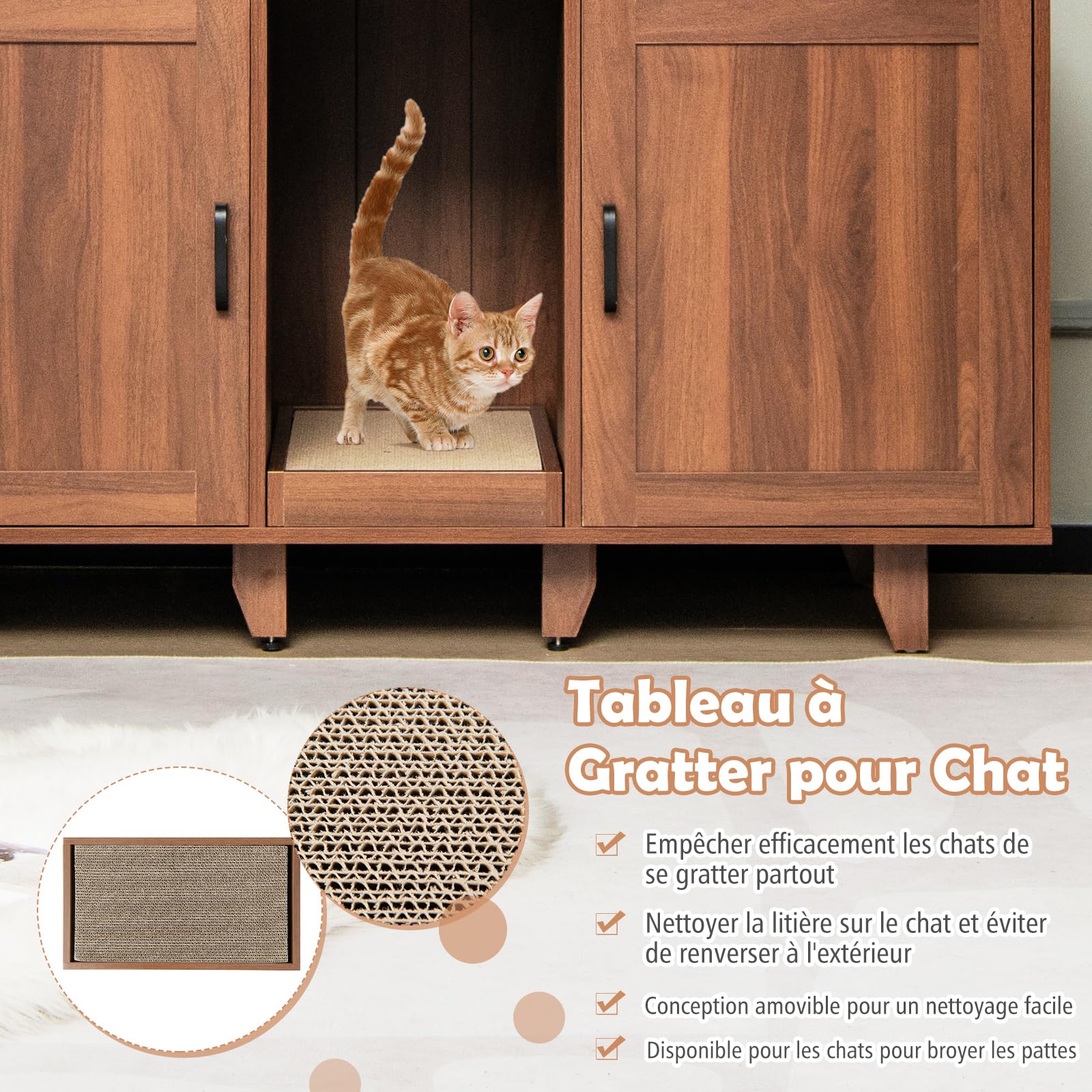 COSTWAY Meuble Litiere Chat en Bois, Cache Litiere Chat Double Porte 3 en 1, Planche à Griffer, 6 Pieds Surélevés Amovibles, 6 Passe-Câble, Maison de Toilette Chaton, 120 × 52 × 65 CM, Brun