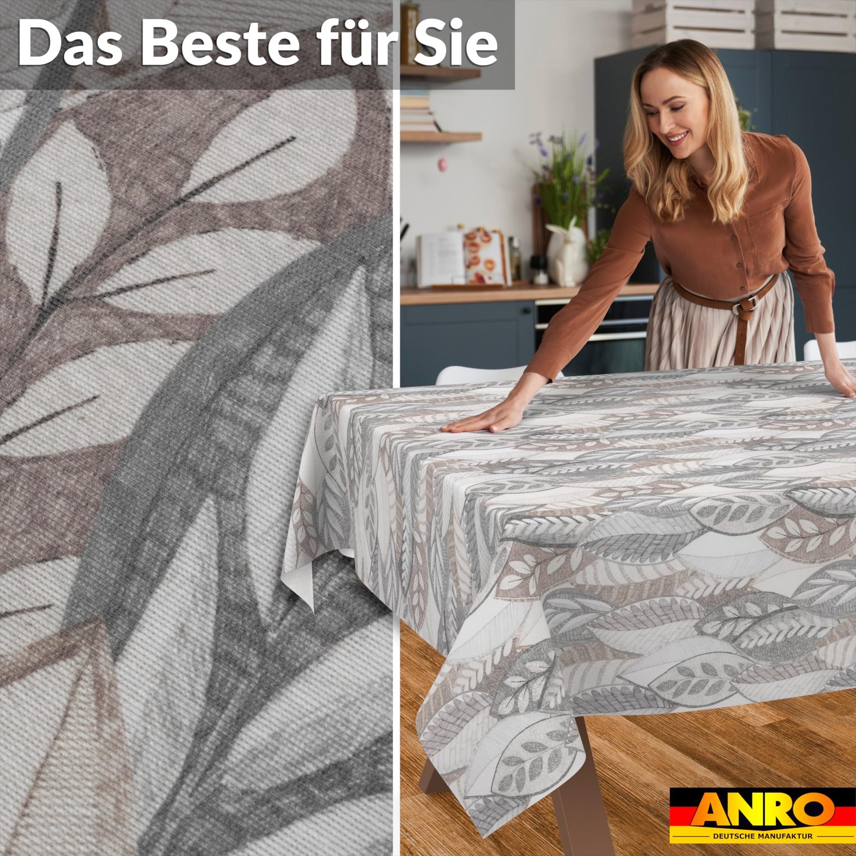 ANRO Obrus na stół Minta 70% bawełna 30% poliester – elegancki wzór liści, łatwy w utrzymaniu czystości, obcięta krawędź 500x140 cm