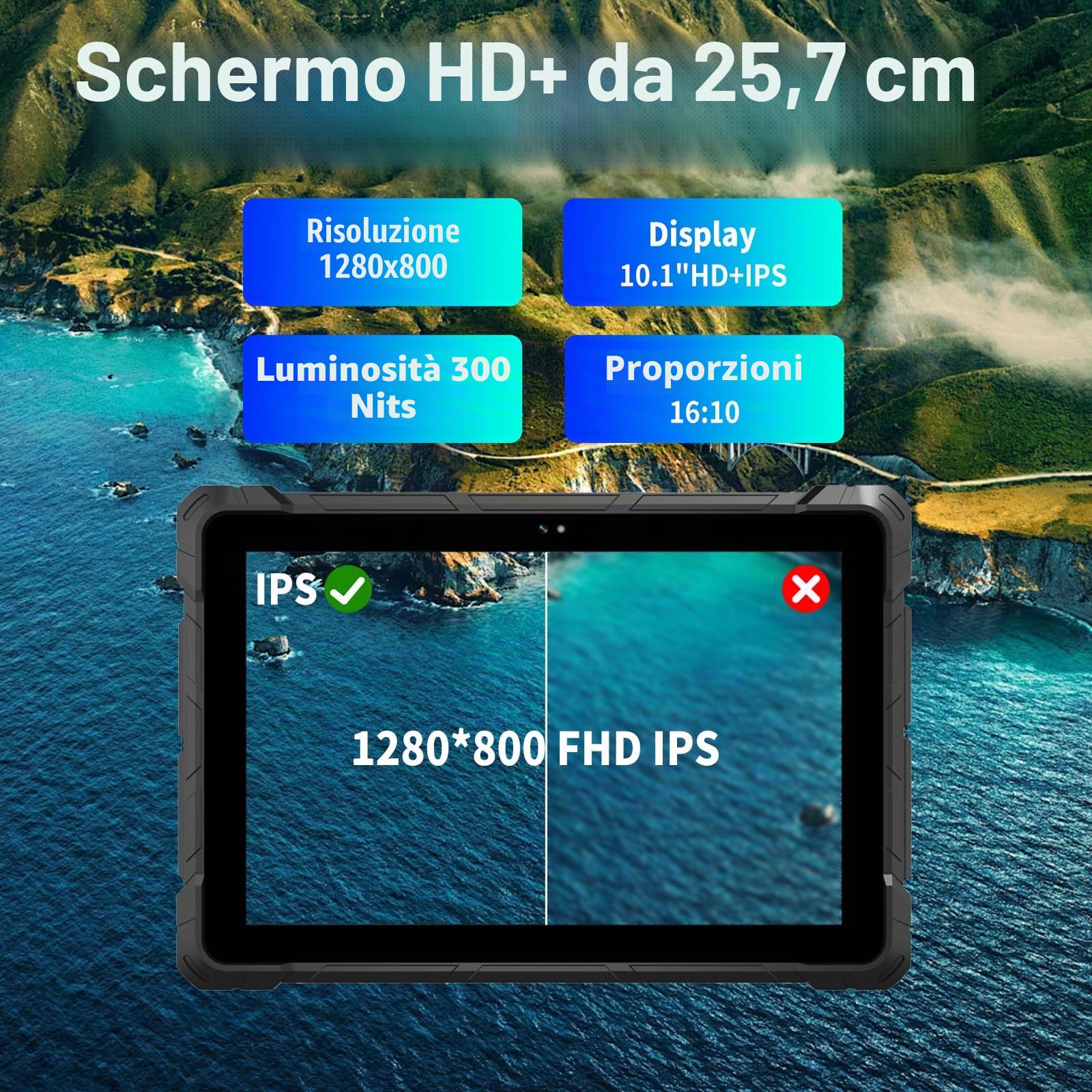Tablet Rugged IP65, Intel N150 (3,6 GHz), 8GB RAM 128GB ROM, 10.1" HD Display, Windows 11 Pro, 8000mAh Batteria, USB 3.2, Type-C, RS232, WiFi, BT 4.2 per Cantiere Magazzino Campo