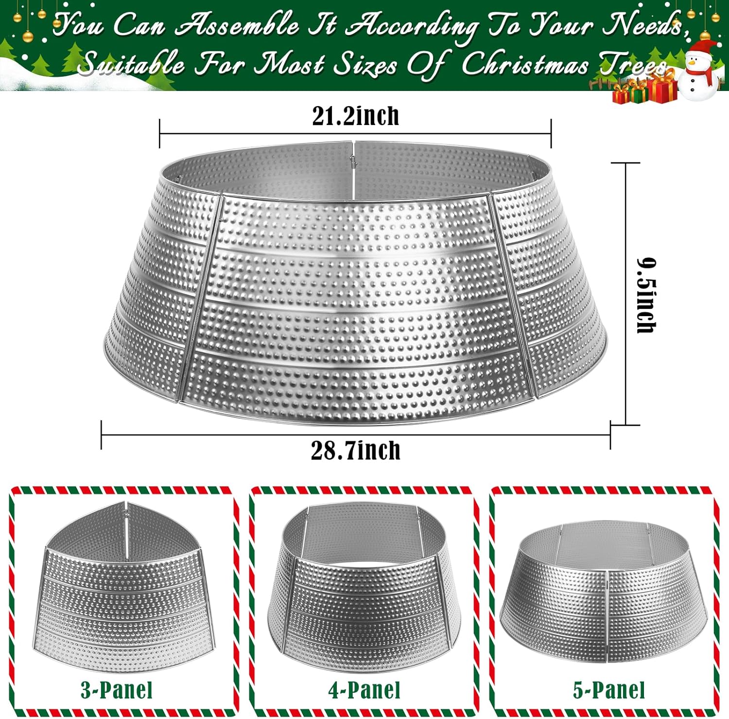 Christmas Tree Collar Metal, 28" Silver Tree Collar, 5-Panel Christmas Tree Base Collar for 7.5Ft 9Ft 12Ft Real & Artificial Christmas Trees, Christmas Tree Ring Christmas Tree Skirt for Pencil Trees