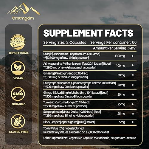 Miniatura 2 de Shilajit Cápsulas  Shilajit orgánico puro del Himalaya de 20,000 mg para hombres y mujeres con Ashwagandha, apoya la vitalidad y el bienestar,