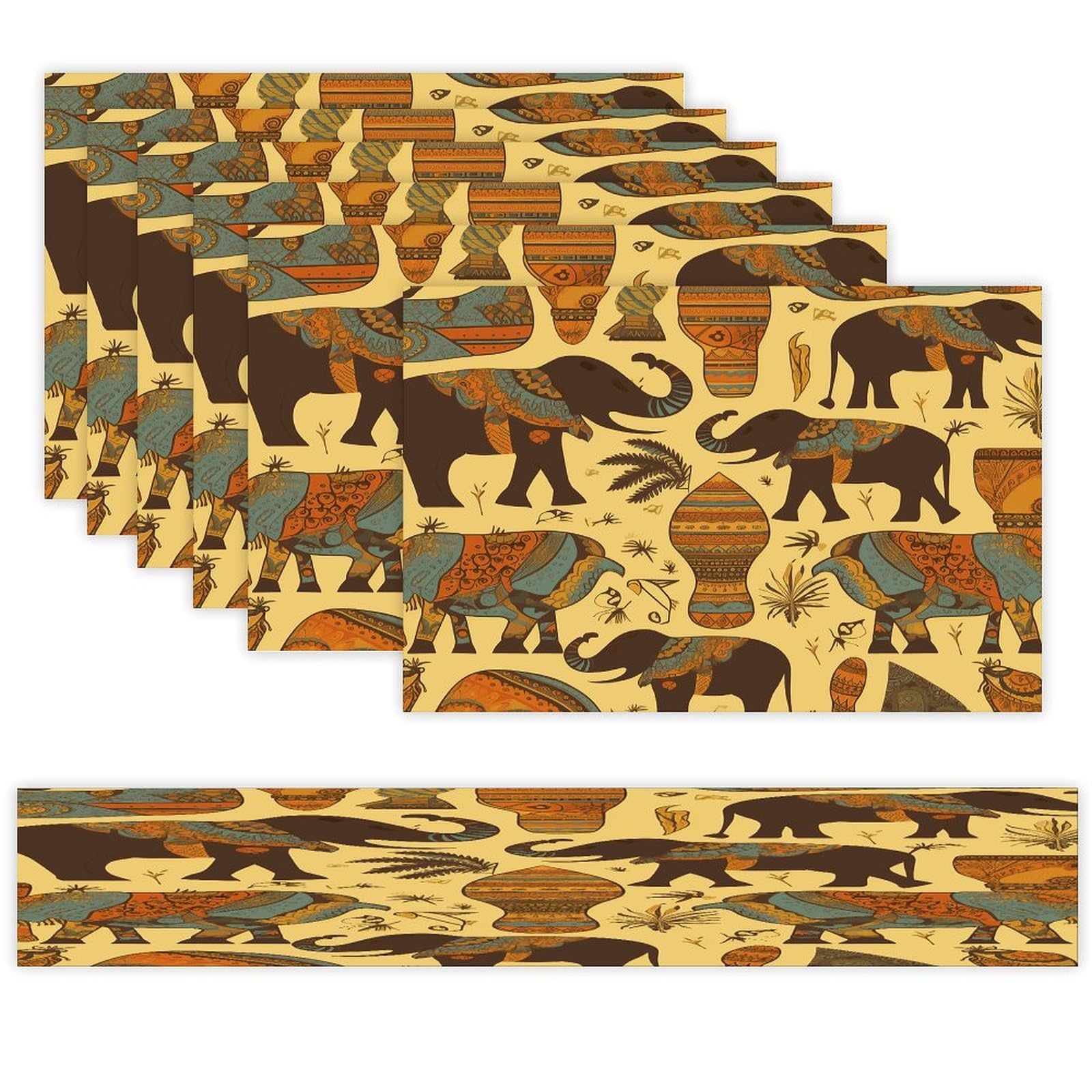 Africa Elephant Table Runner and Placemats Set of 6 Wipe Clean Heat Resistant Table Mat with Table Runner Decorations Flax Linen Place Mat Set for Home Kitchen Party Supplies