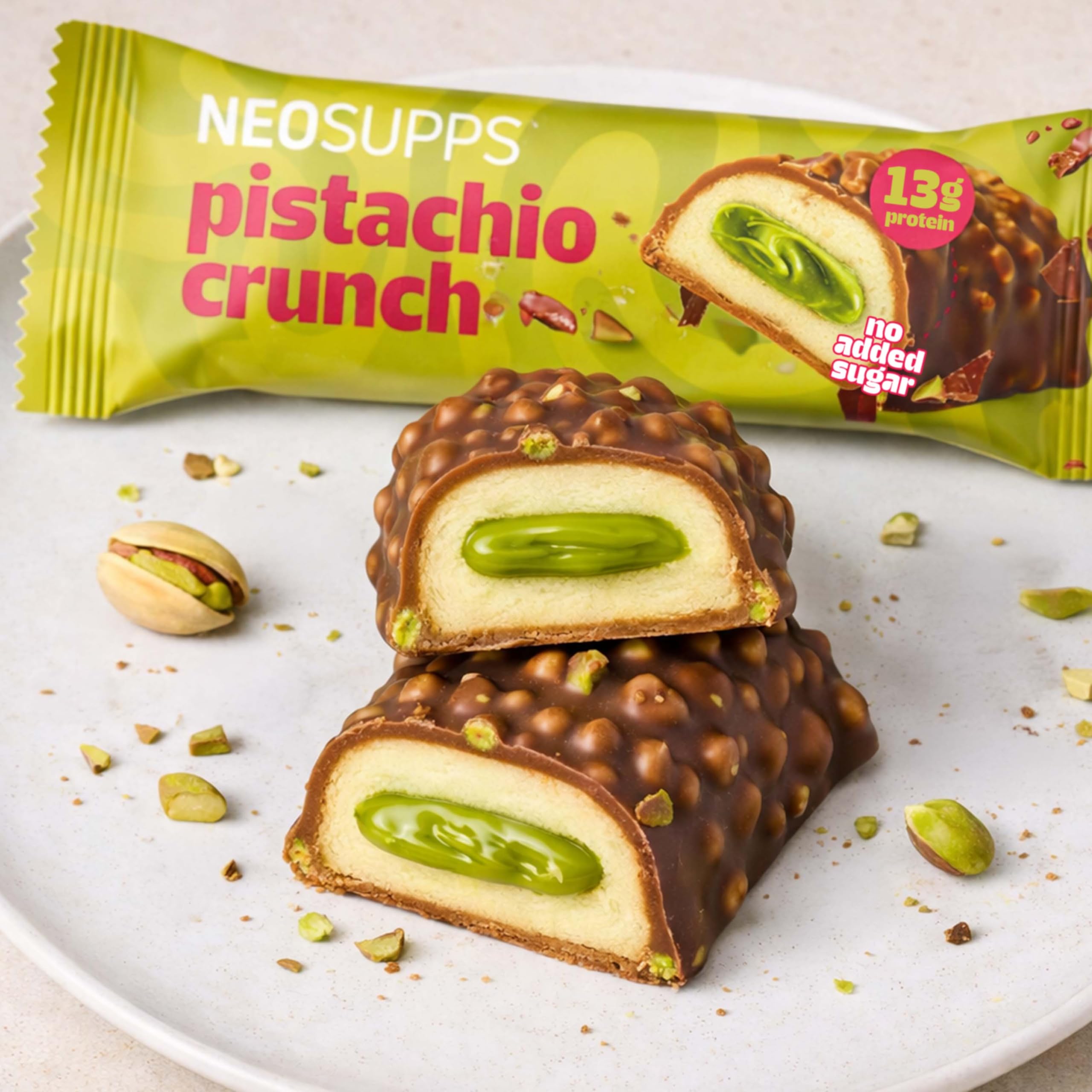 Neosupps Protein Bar Pistachio Crunch 12x45g, Proteinriegel mit 13g Protein & nur 1,8g Zucker, Eiweißriegel mit echten Pistazienstücken & Vollmilchschokolade, low-sugar, high Protein Riegel