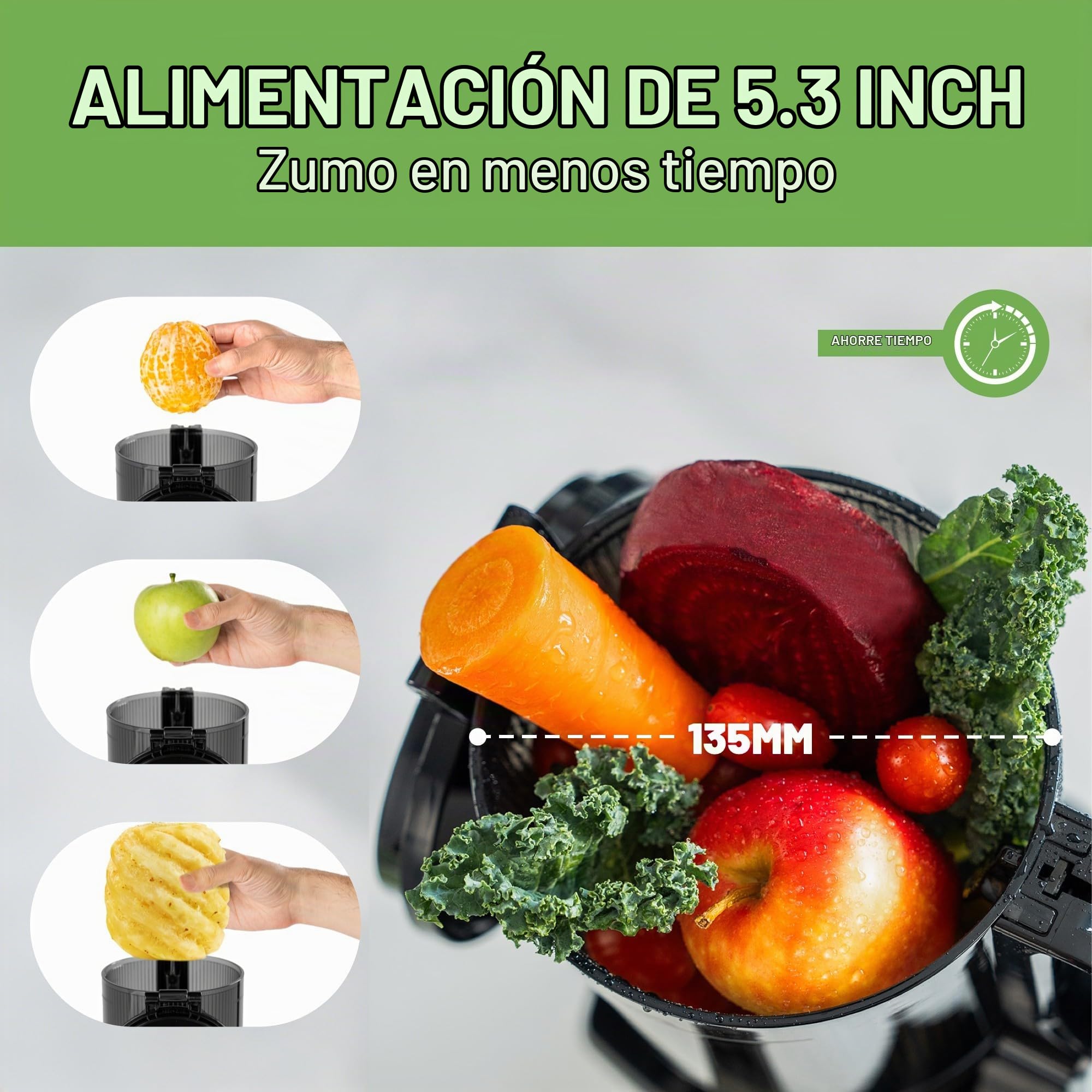 Fretta Extractor de Zumos para Reuniones Boca 5.3 Pulgadas Capacidad 1,8 L | Filtro triple para mayor rendimiento, admite frutas enteras, piezas desmontables, fácil de instalar y limpiar